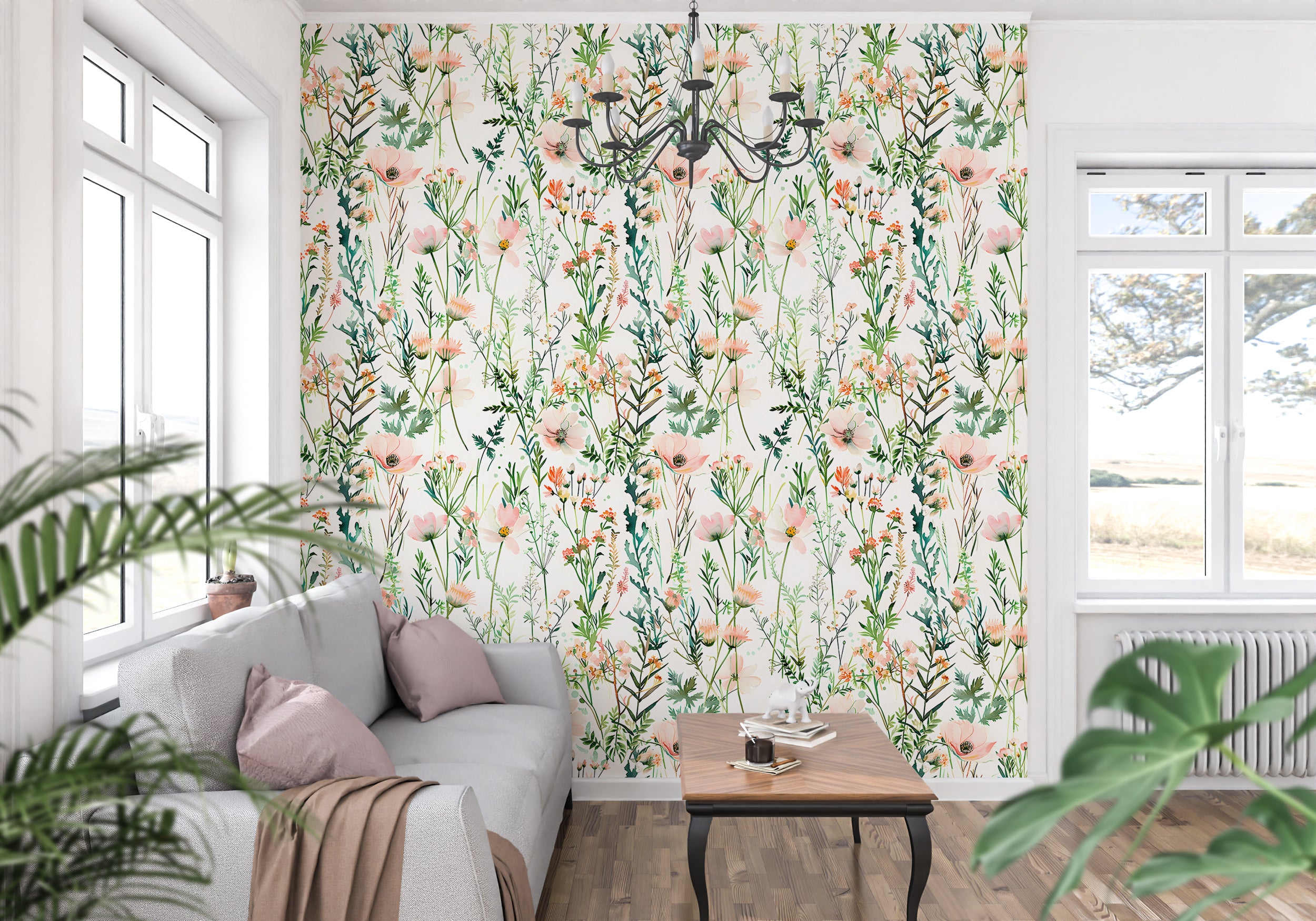 Wild Floral Wallpaper, Pastel Pink and Green Botanical Pattern, Watercolor Meadow Flowers Decal, Peel and Stick Minimalistic Light Floral Decor
