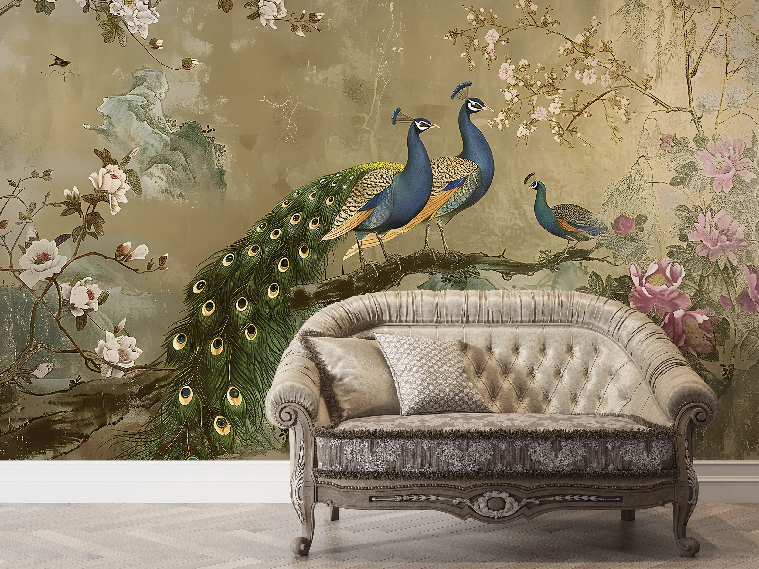 Chinoiserie Wallpaper, Colorful Peacock Wall Mural, Removable Vintage Golden Floral Wallpaper, Peel and Stick Classic Mural With Flowers and Birds