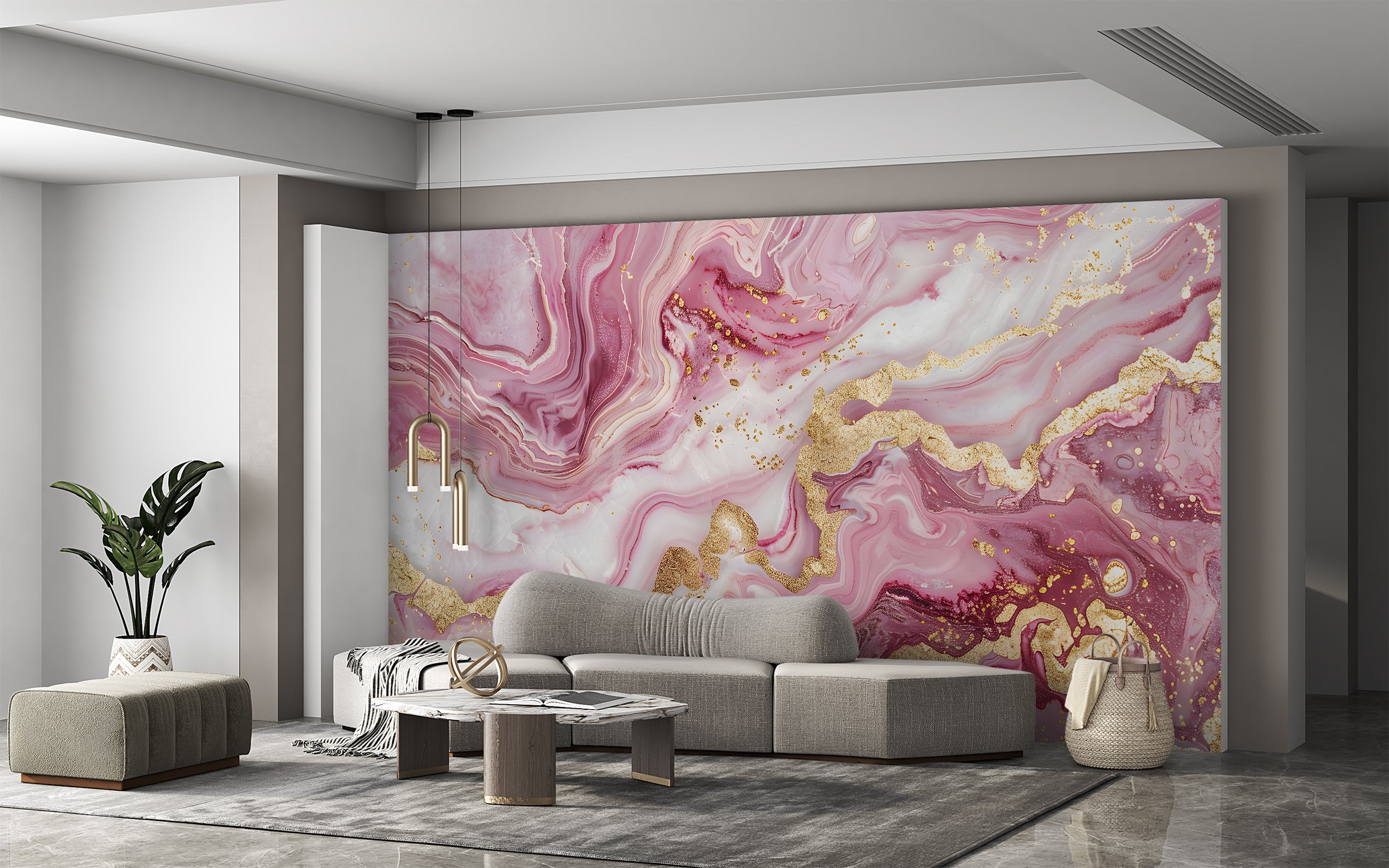 Pink and Gold Alcohol Ink Mural, Peel and Stick Abstract Wallpaper, Removable Modern Marble Texture Wall Decor, Unique Accent Wallpaper