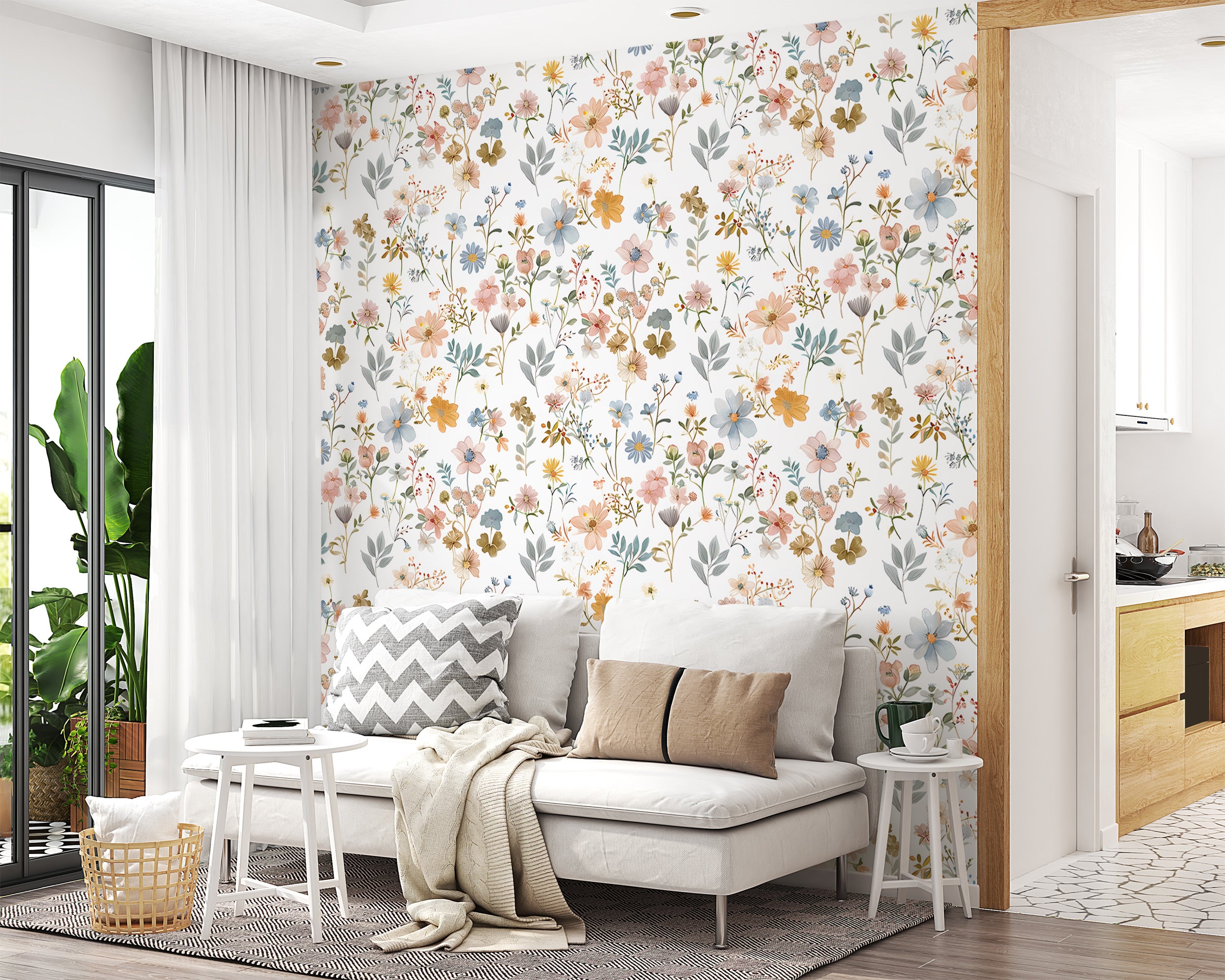 Soft Multi Color Floral Wallpaper, Pastel Meadow Flowers Wall Decal, Peel and Stick Light Botanical Wallpaper, Removable Field Wild Flower Pattern