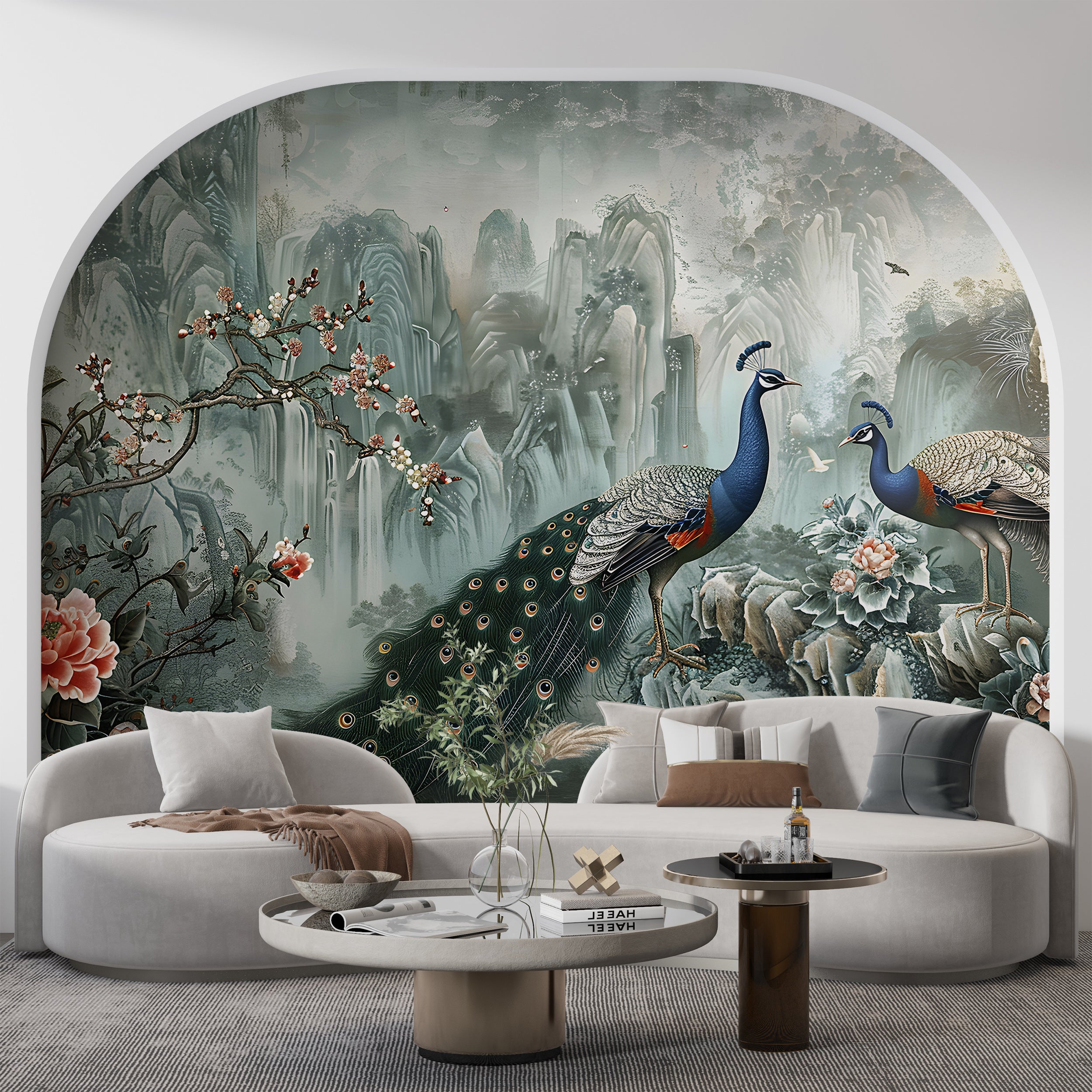 Green Chinoiserie Wallpaper, Peacock Wall Mural, Peel and Stick Abstract Chinese Art, Removable Vintage Decor with Birds and Flowers