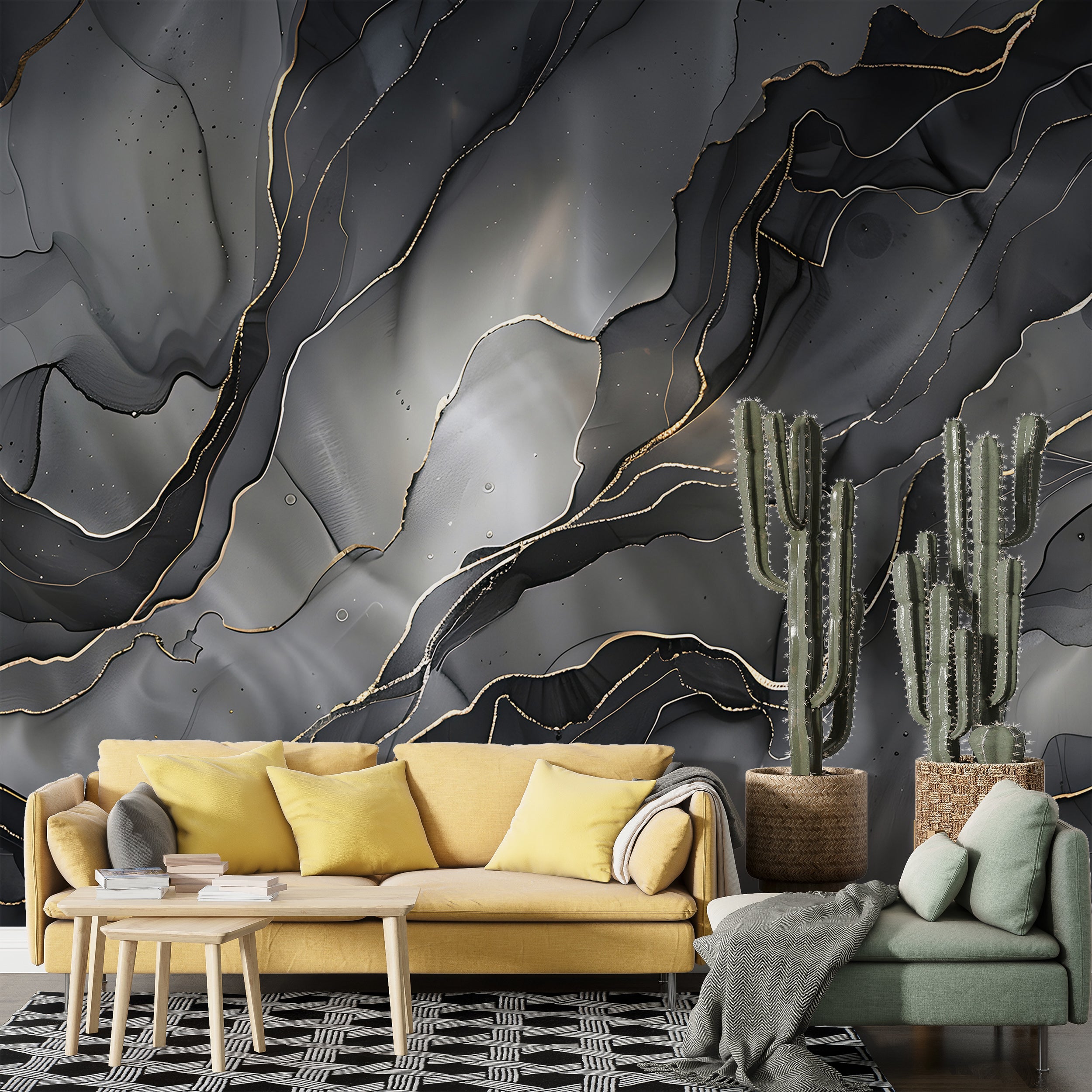 Black Alcohol Ink Wall Mural, Peel and Stick Abstract Dark Wallpaper, Removable Dark Modern Wall Art