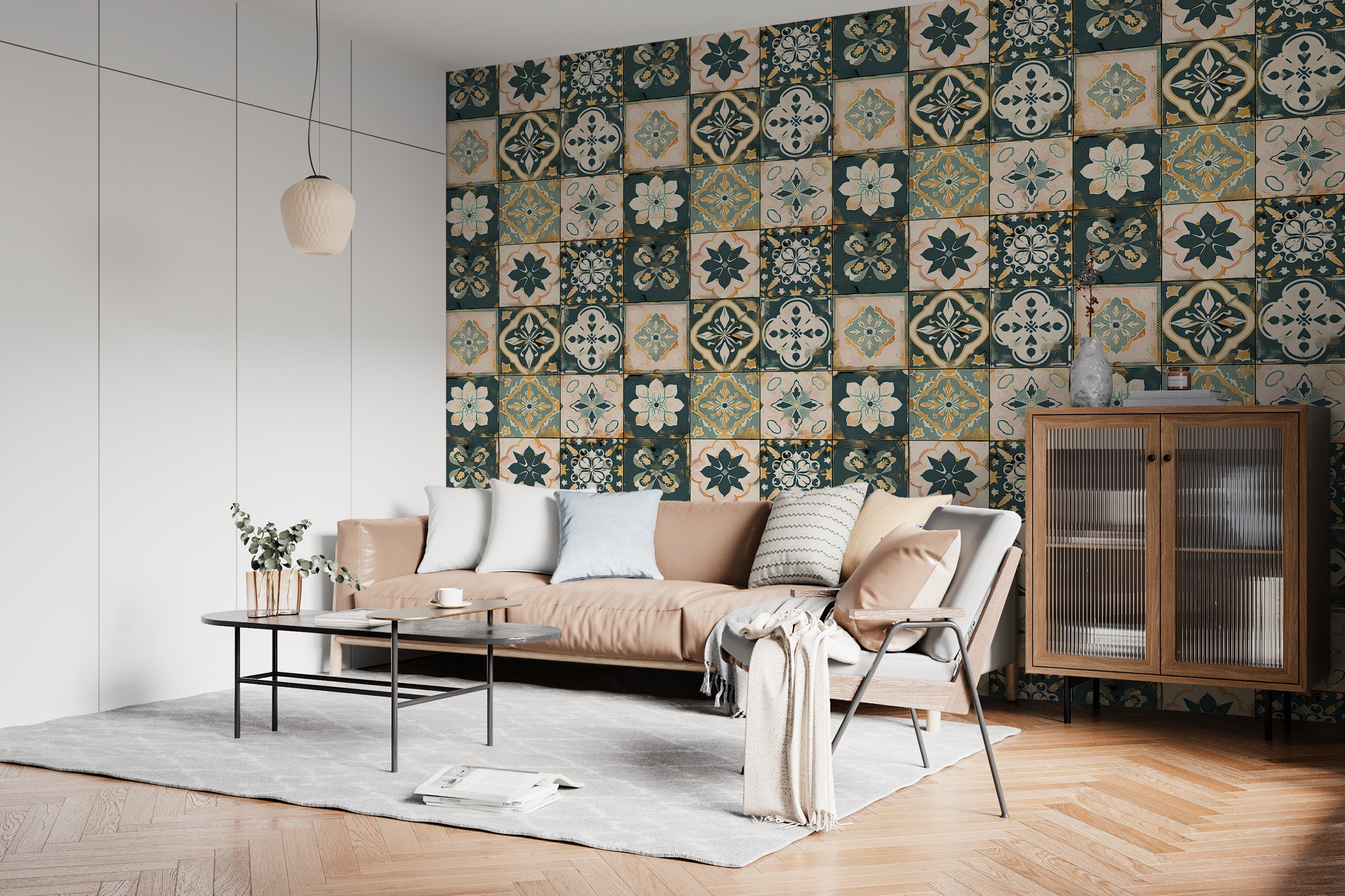 Patchwork Tiles Wallpaper, Peel and Stick Moroccan Wall Decal, Removable Floral Tile Style Wallpaper, Rustic Colors Vintage Wall Decor