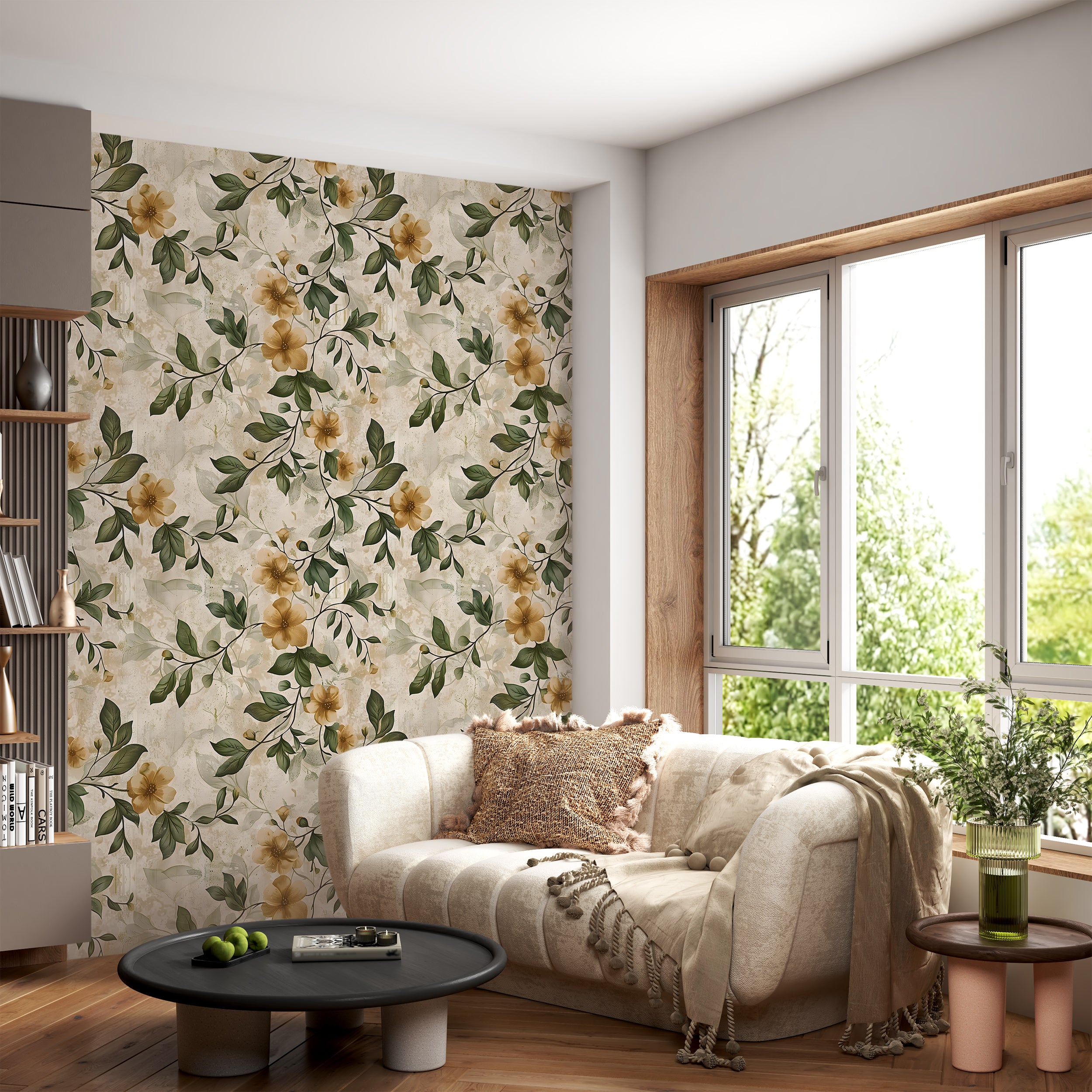 Rustic Beige and Green Floral Wallpaper, Vintage Peel and Stick Botanical Wall Decal, Removable Flowers and Leaves Old Style Wallpaper