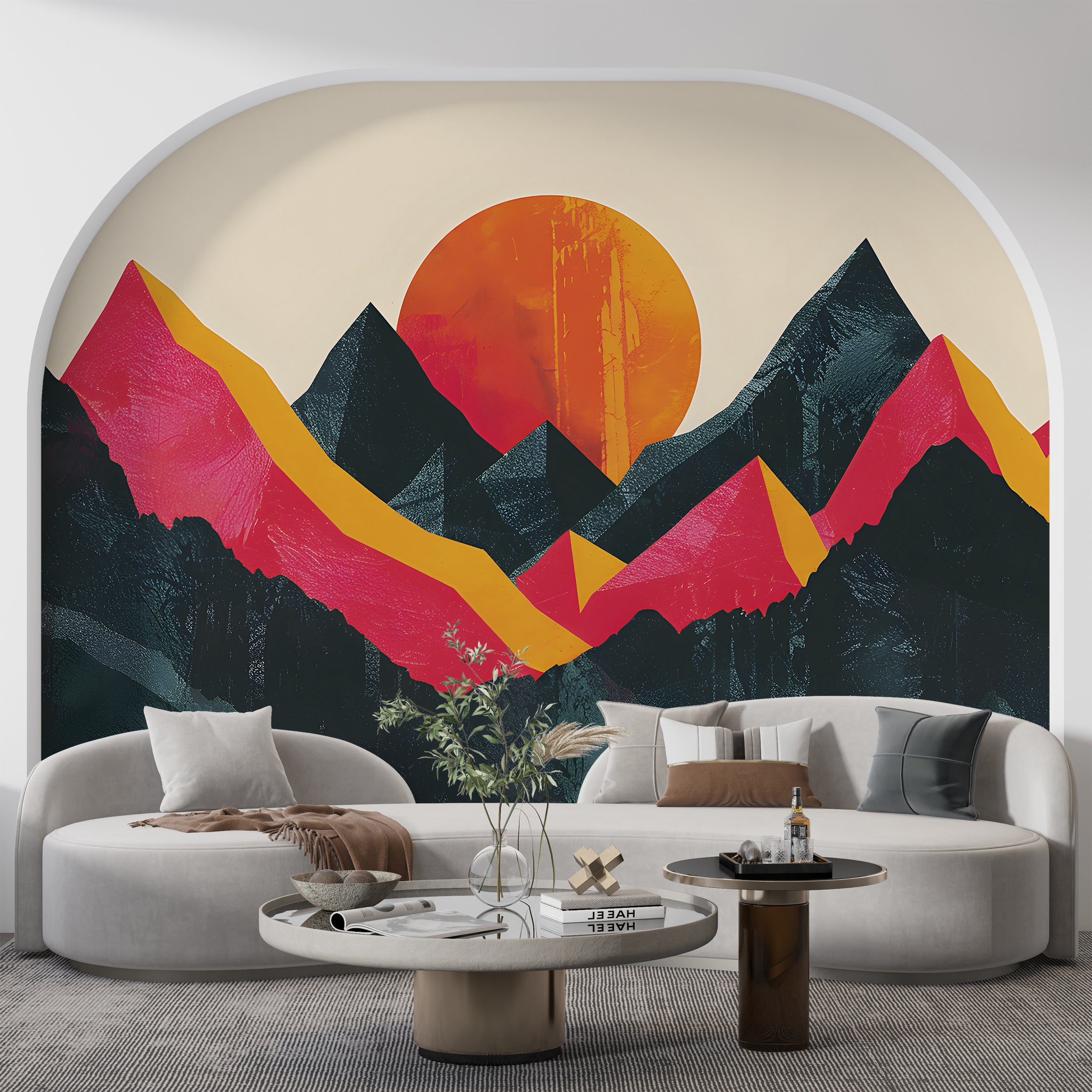 Abstract Landscape in Pop Art Style Mural, Peel and Stick Mountain Sunset Wallpaper, Modern Accent Wall Art, Green and Orange Decor