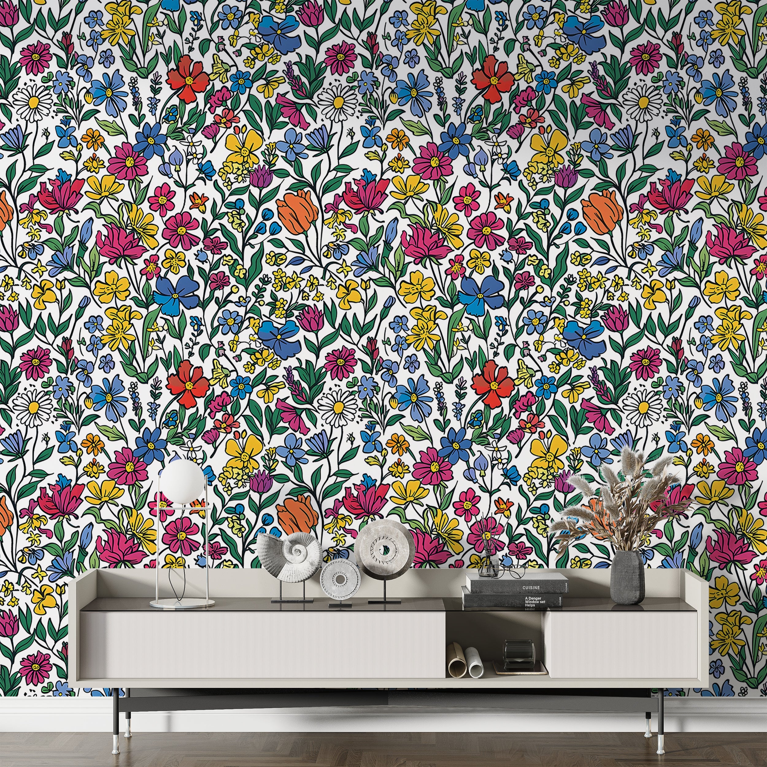 Colorful Floral Wallpaper, Watercolor Peel and Stick Meadow Flowers Wall Decal, Removable Cartoon Style Wild Flower Pattern Wallpaper