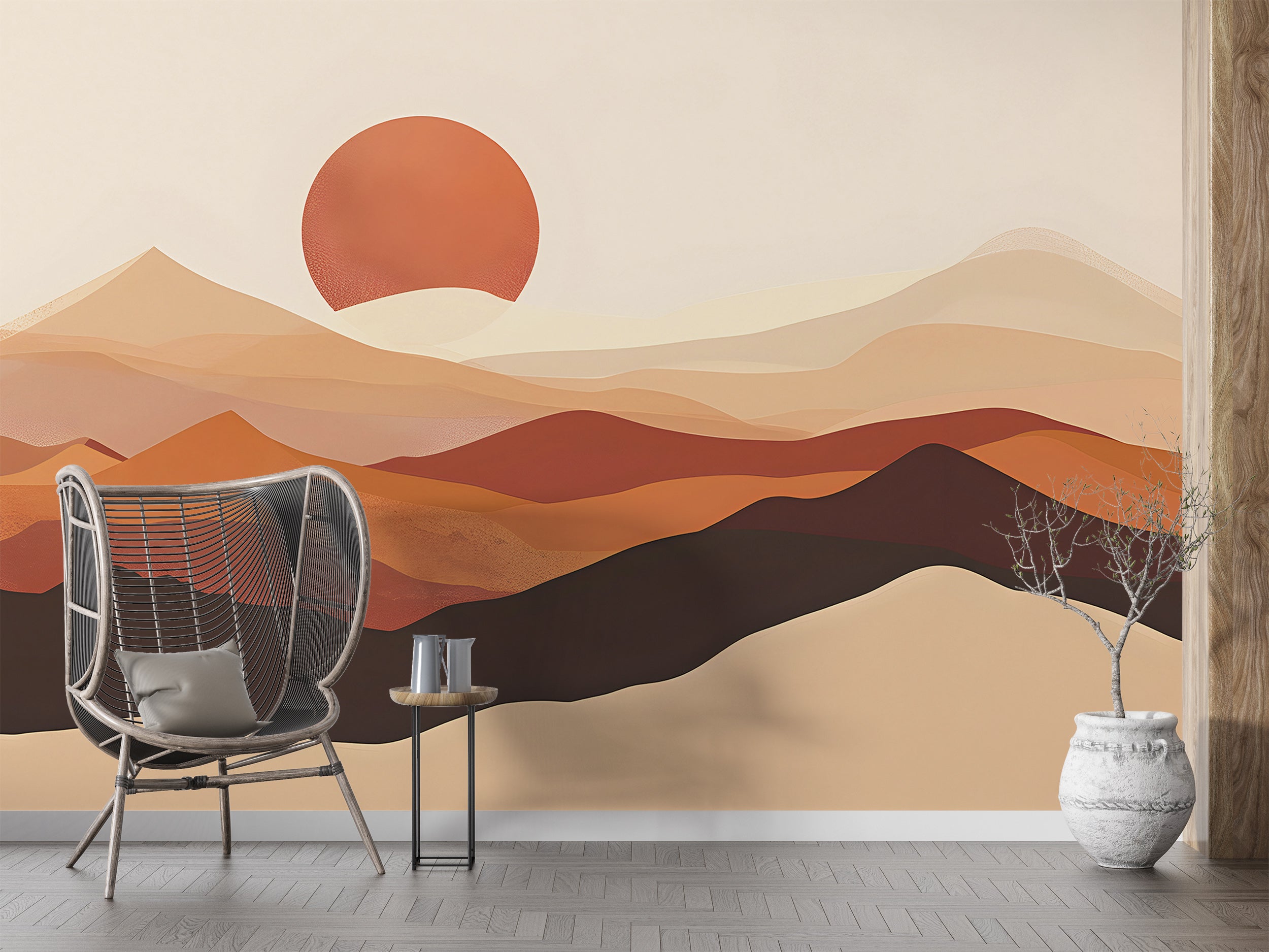 Minimalistic Desert Wall Mural, Peel and Stick Watercolor Sand Dunes Wallpaper, Abstract Mountain Sunset Mural, Beige and Brown Boho Mural