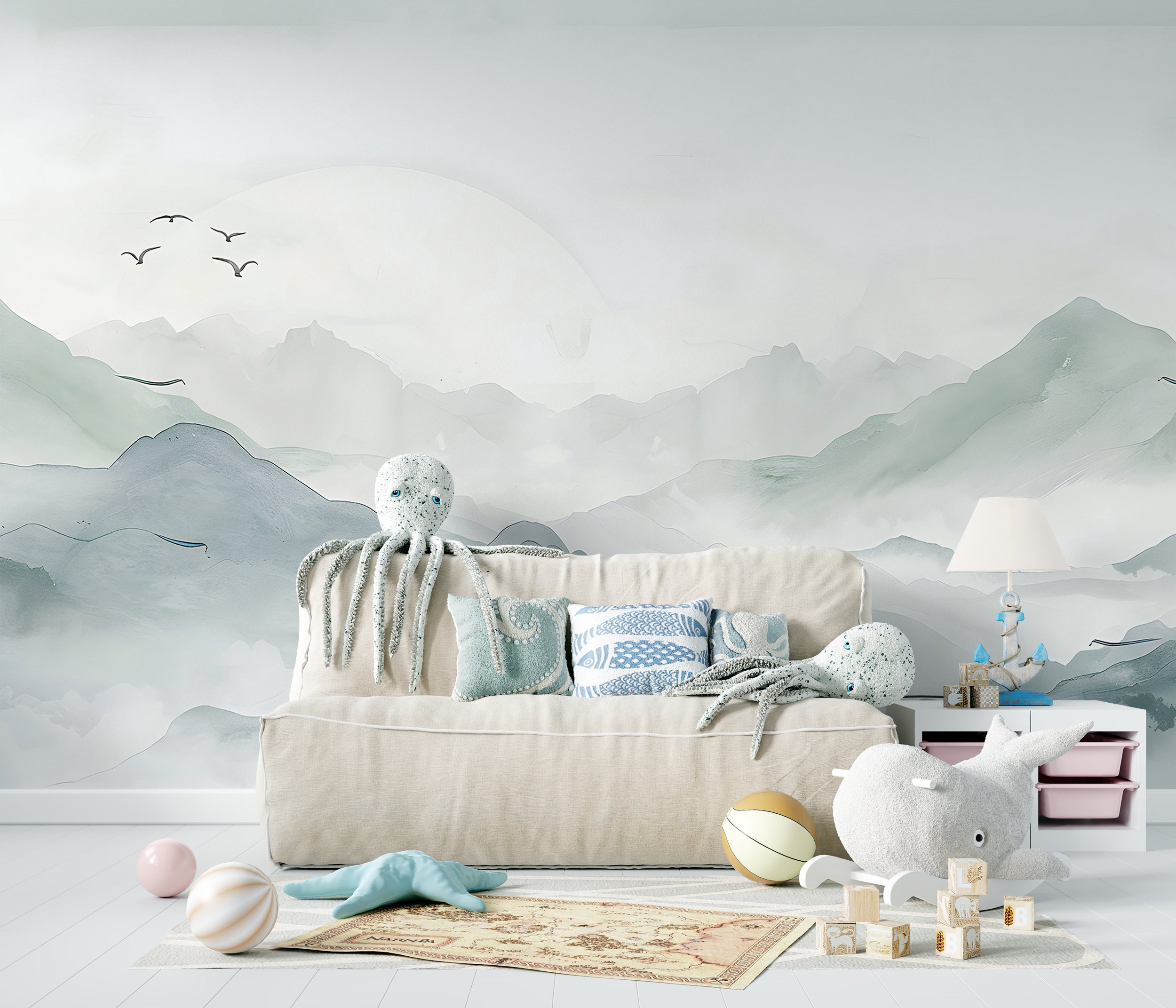 Pastel Mint Mountain Landscape Wall Mural, Self-adhesive Soft Green Japanese Nature Wallpaper, Removable Minimalistic Nursery Wall Decal