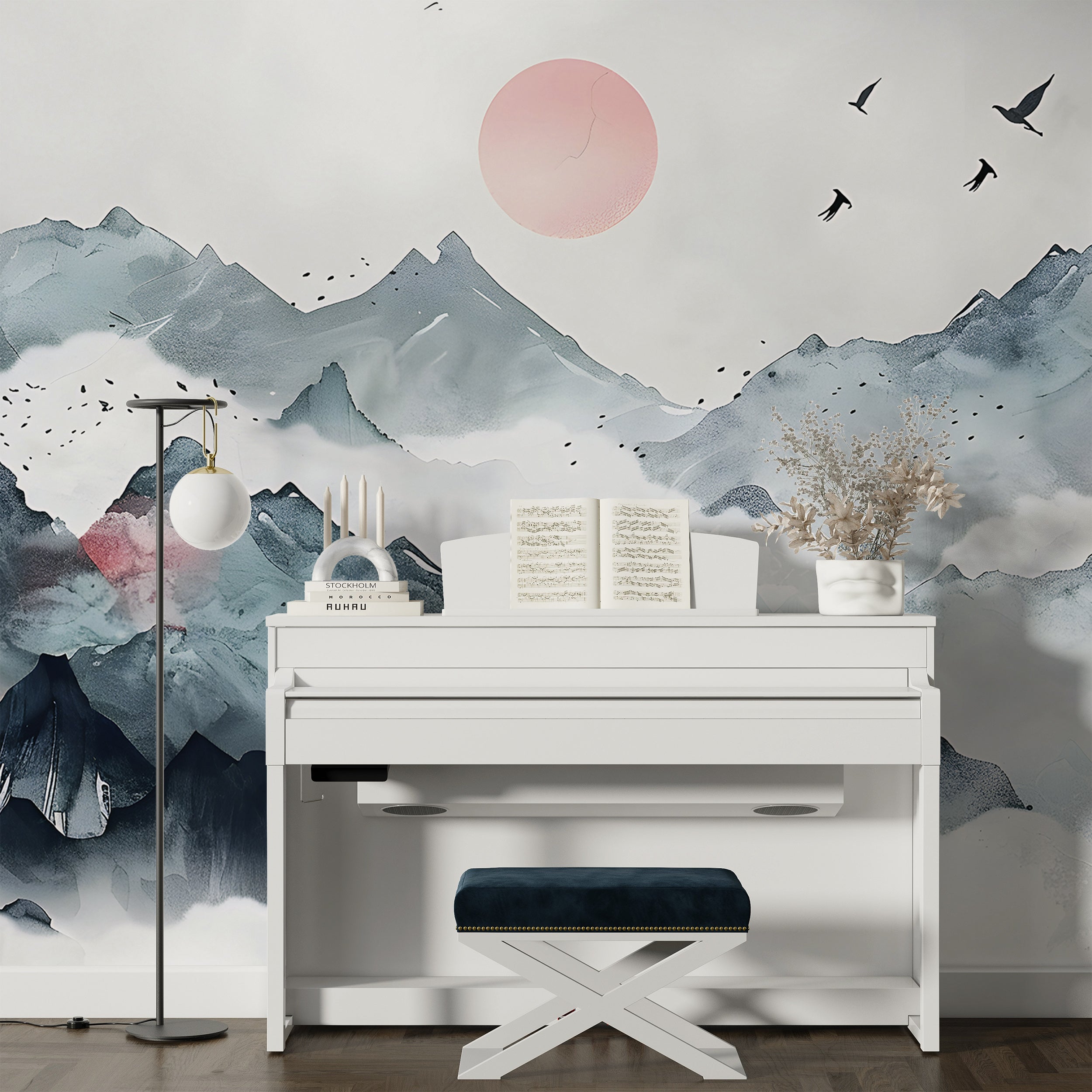 Abstract Mountains Sunset Mural, Watercolor Japanese Landscape Wallpaper, Peel and Stick Removable Green Foggy Mountain Wall Decal