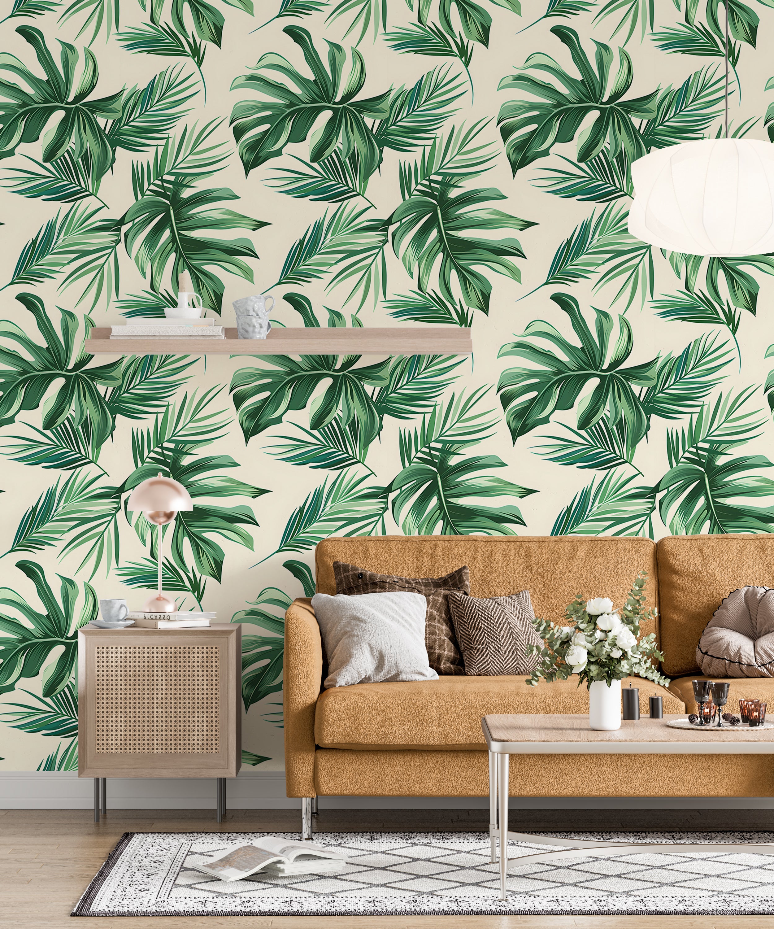 Palm Leaves Wallpaper, Green and Beige Tropical Wall Decal, Peel and Stick Palms Wallpaper, Removable Jungle Floral Wall Decor