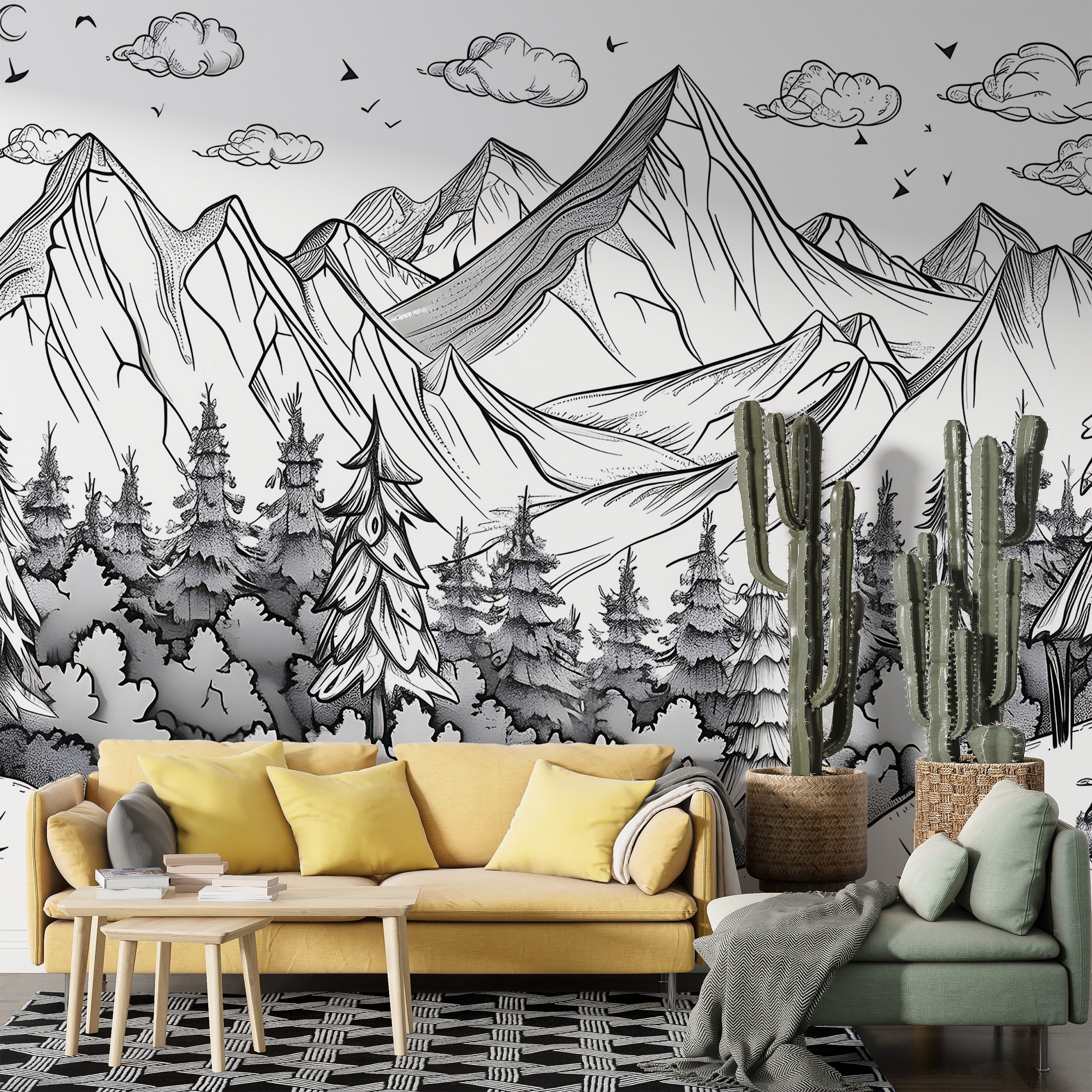 Mountains and Forest in Doodling Style Mural, Peel and Stick Nature Landscape Sketch Wallpaper, Black&White Cartoon Landscape Decor