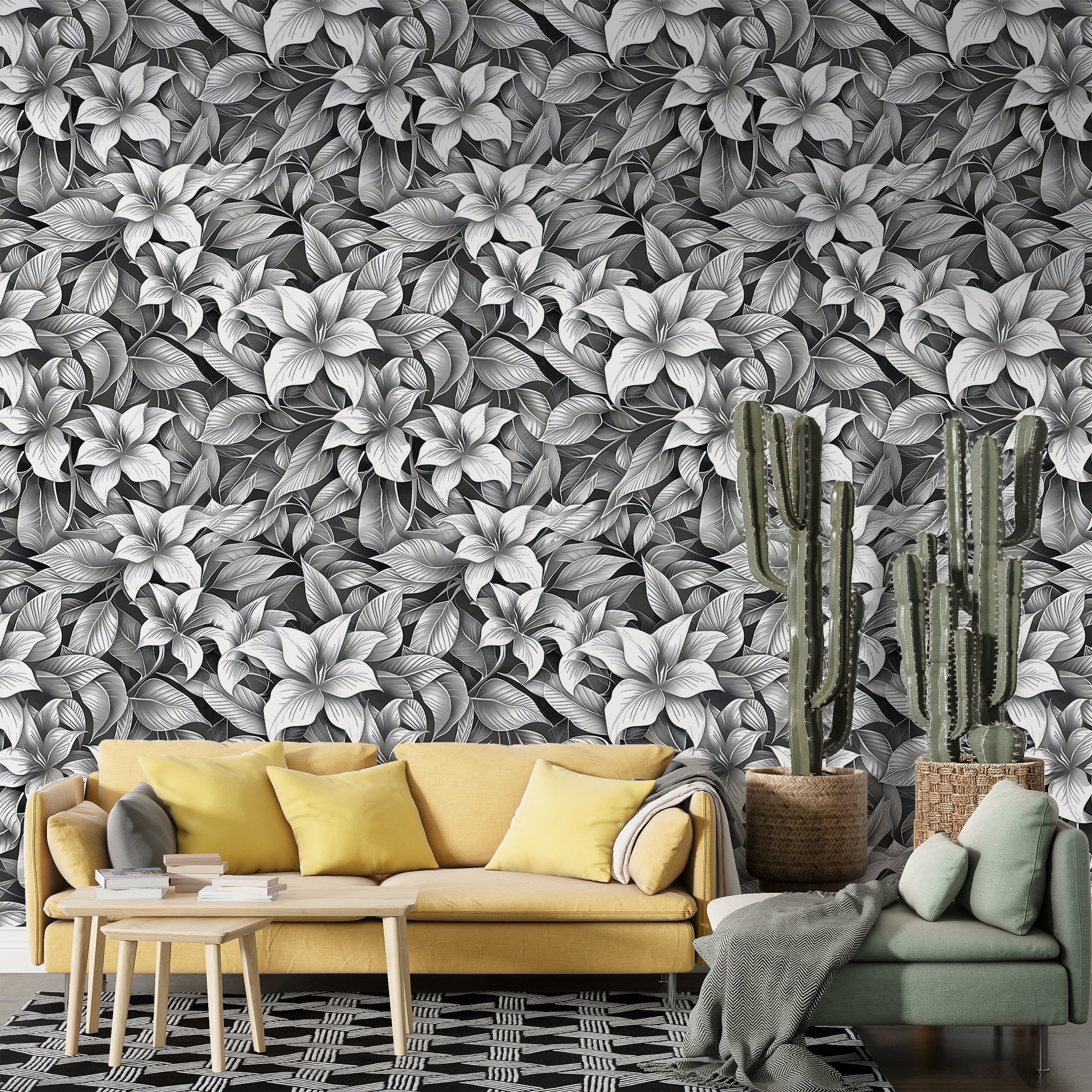 Stippling Style Floral Wallpaper, Peel and Stick Monochrome Flowers Decal, Black and White Floral Wallpaper, Removable Flower Pattern