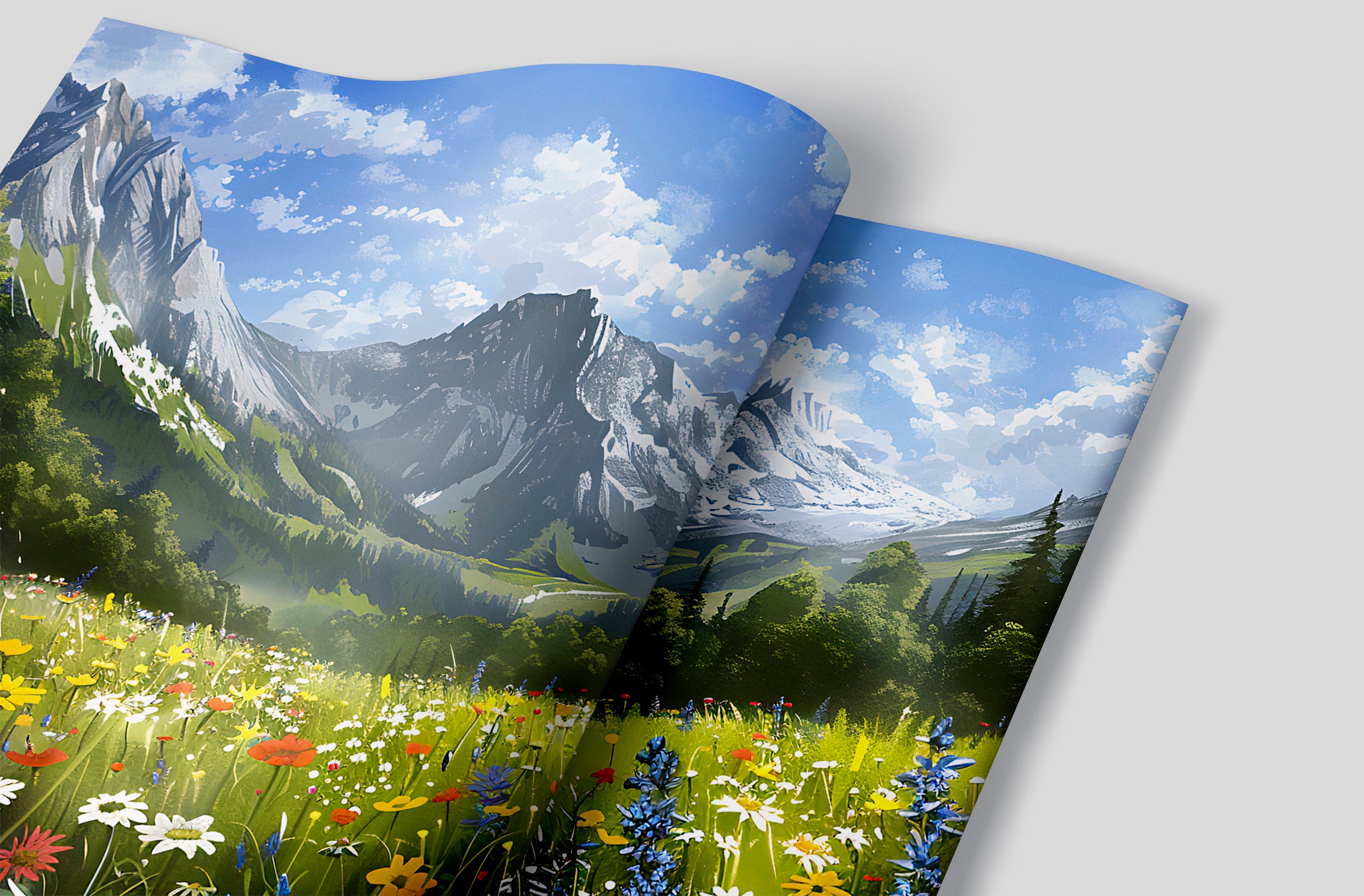 Colorful Flower Field Mural, Peel and Stick Mountain Wild Flower Field Wallpaper, Removable Nature Mural, Watercolor Floral Landscape Wall Decal