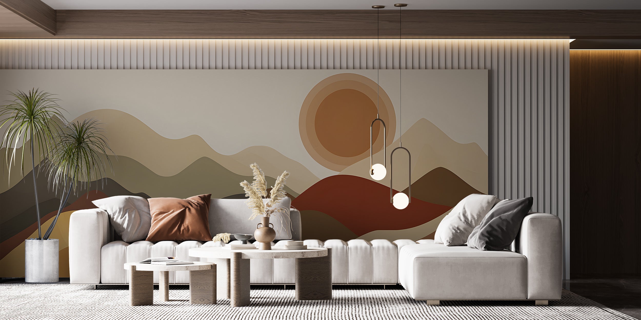 Boho Style Mountains Sunset Mural, Beige and Brown Watercolor Mountain Landscape, Nursery Peel and Stick Abstract Sand Dunes