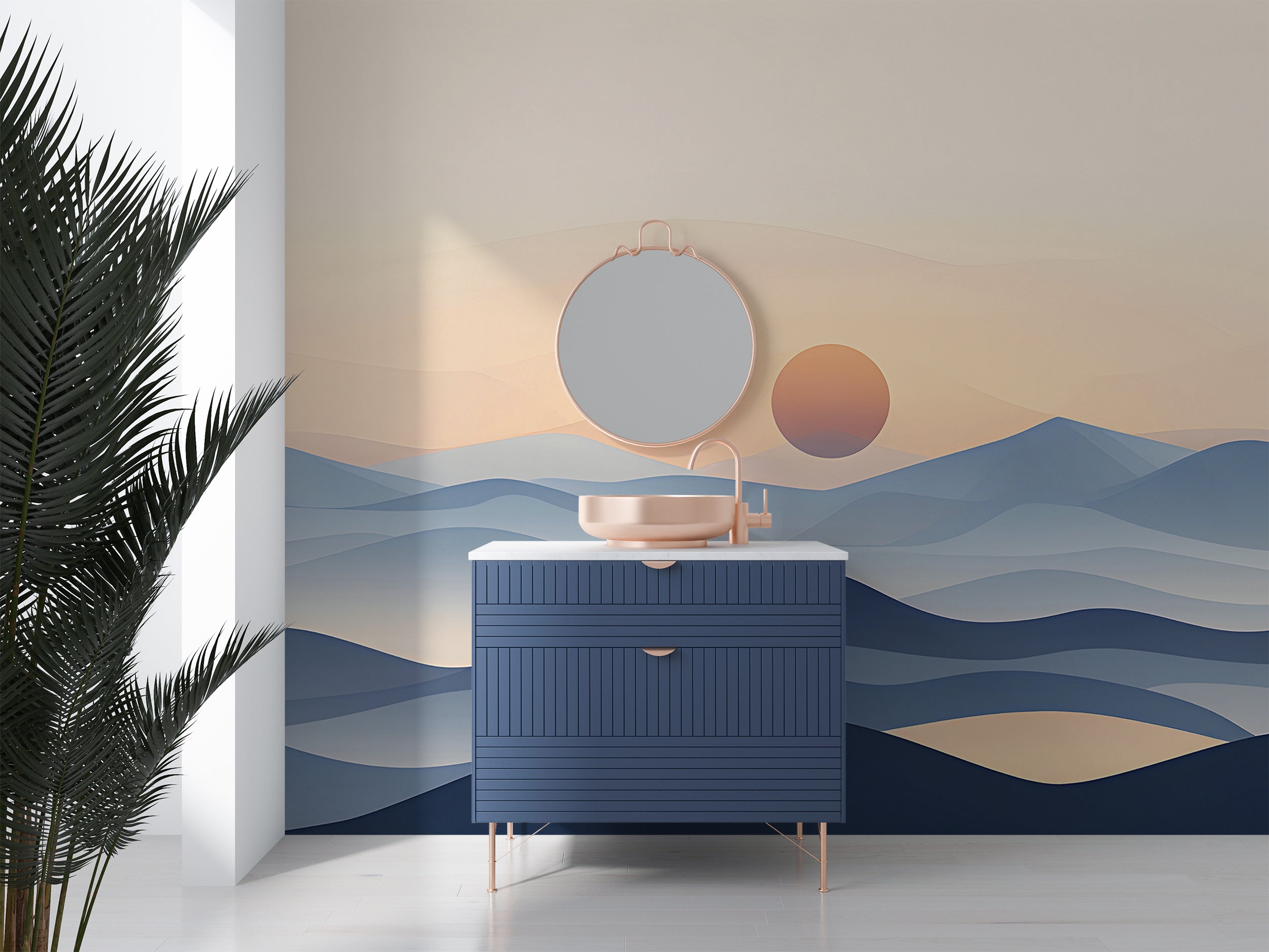 Minimalistic Abstract Blue Mountains Wall Mural, Watercolor Landscape Self-adhesive Wallpaper in Pastel Colors, Bathroom Accent Wall Art