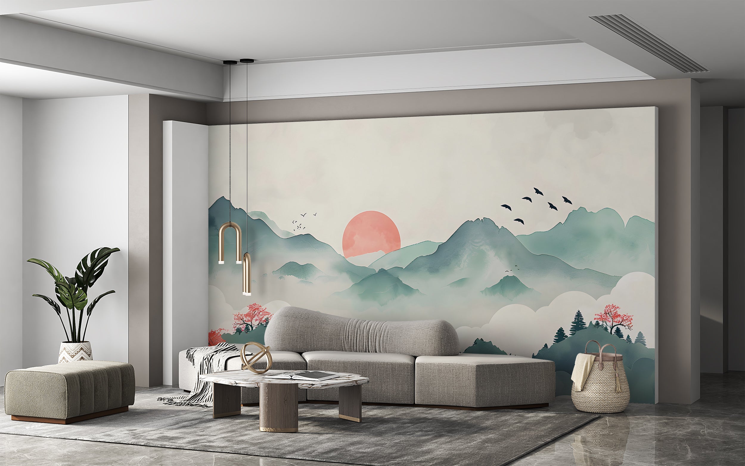 Red Sun Behind Green Mountains Mural, Watercolor Japanese Landscape Wallpaper, Peel and Stick Soft Colors Accent Wall Removable Wall Decal