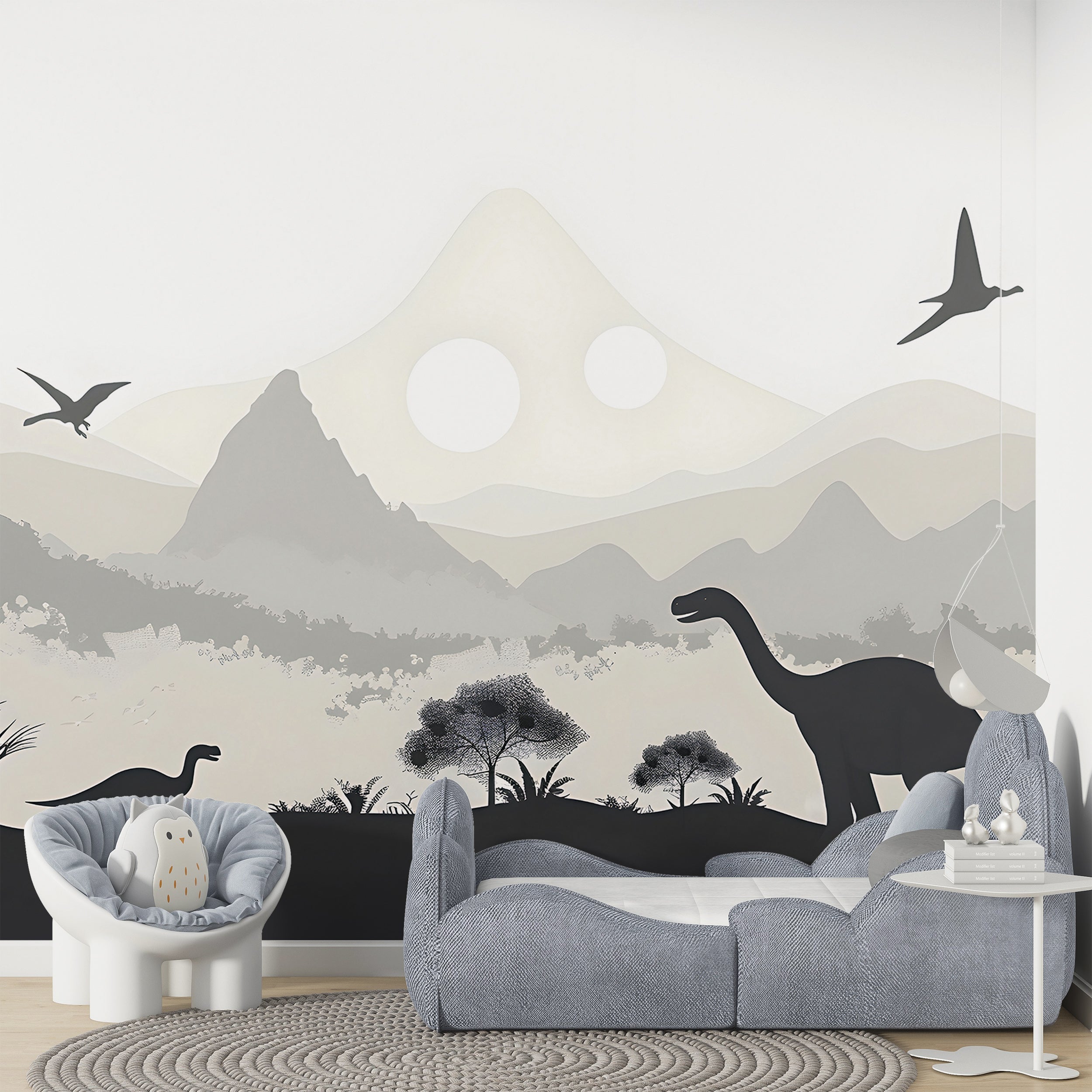Dinosaurs Nursery Wall Mural, Ancient World Life Wallpaper, Peel and Stick Mountains Grey Playroom Mural, Custom Size Removable Decal