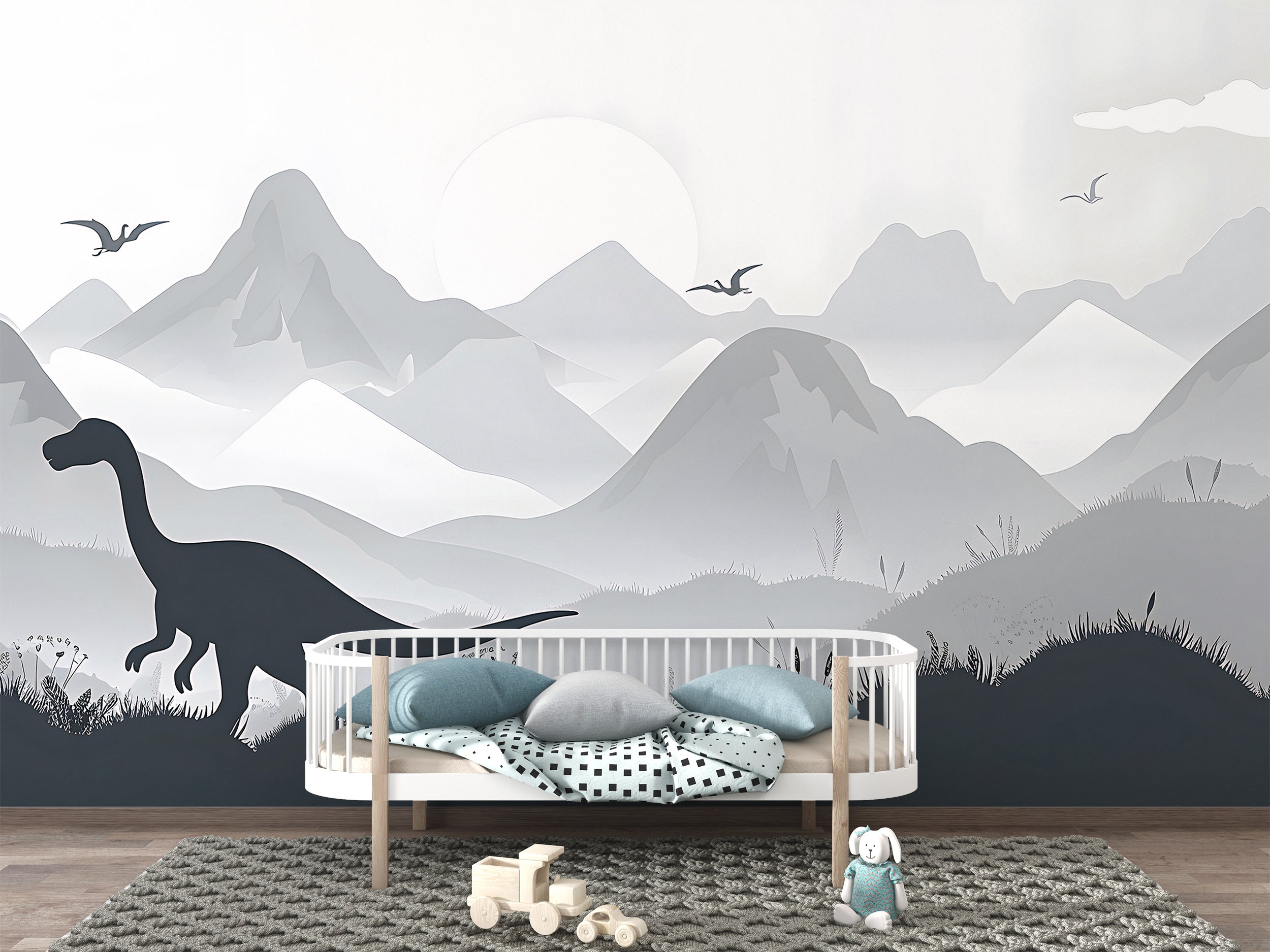 Dinosaur Wall Mural, Ancient World Nursery Wallpaper, Self-adhesive Grey Mountains Landscape Playroom Mural, PVC-free Decal