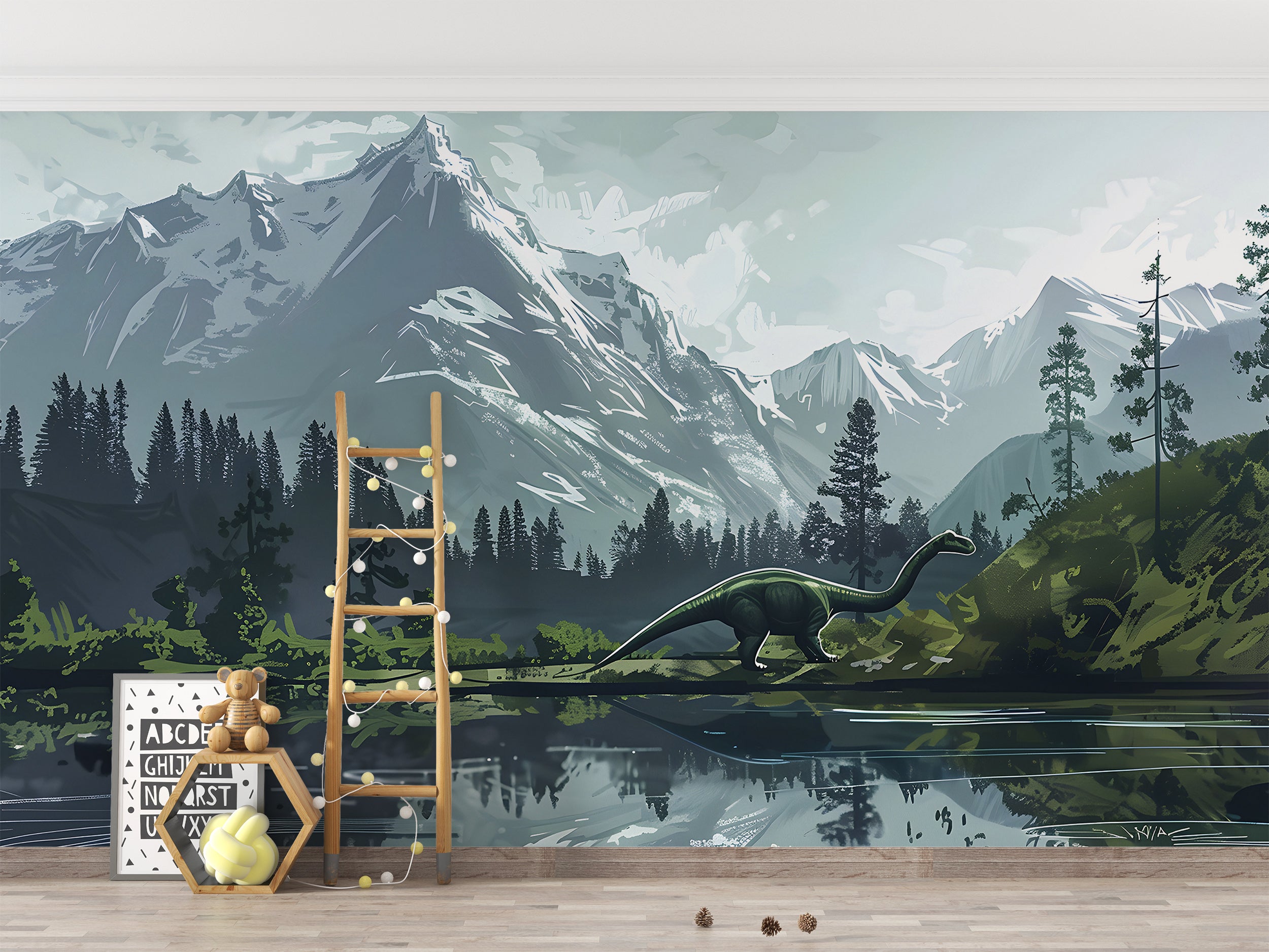 Watercolor Mountains and Forest Mural, Dinosaur Wall Mural, Nursery Peel and Stick Wild Nature Landscape, Removable Decal