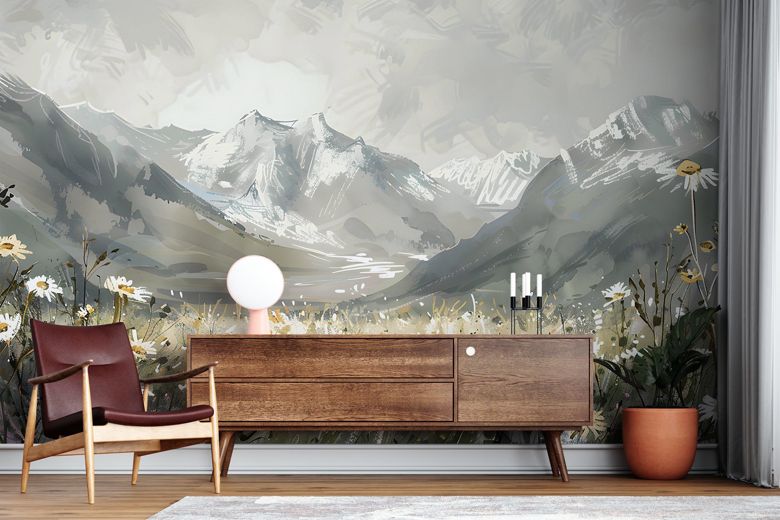 Watercolor Mountain Field Mural, Meadow Flowers in Natural Colors Wallpaper, Peel and Stick Wild Nature Landscape Mural, Grey Mountains Decal