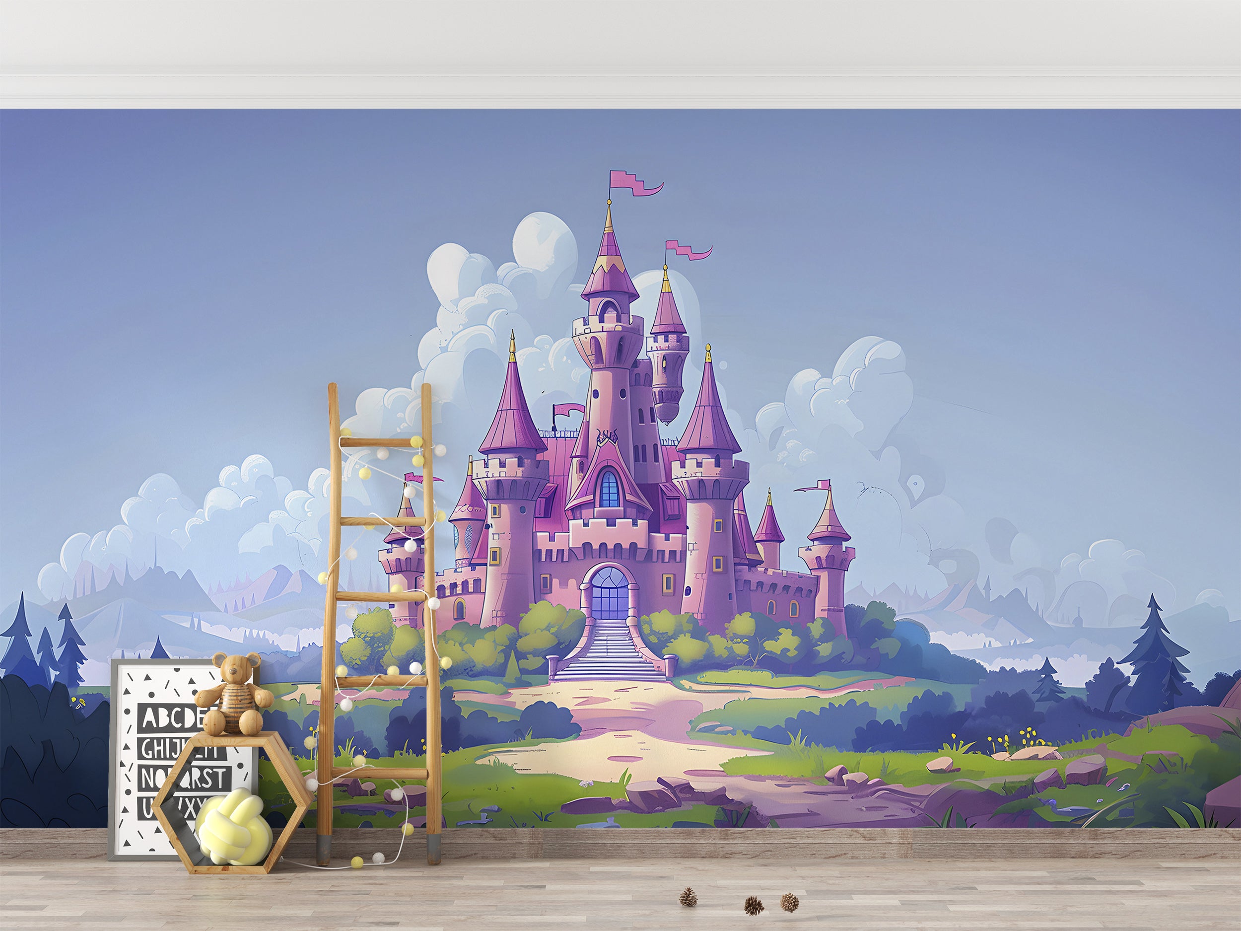 Pink Princess Castle Mural, Peel and Stick Nursery Dreamy Castle Wallpaper, Cartoon Style Kids Room Colorful Castle, PVC free Removable Decal