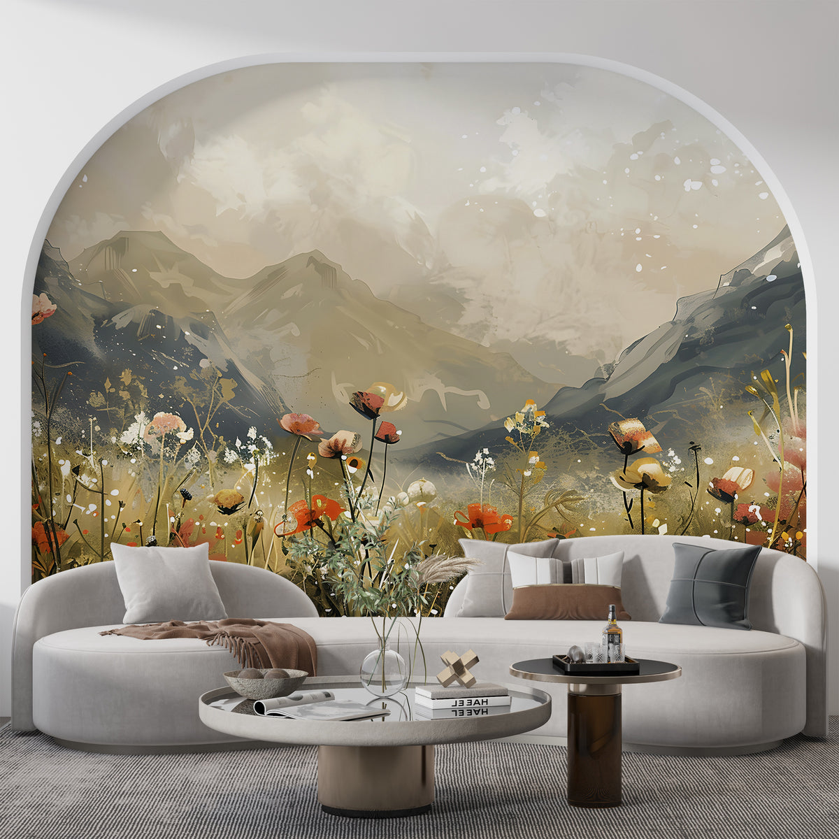 Watercolor Flower Field Mural - Peel and Stick Mountain Wallpaper