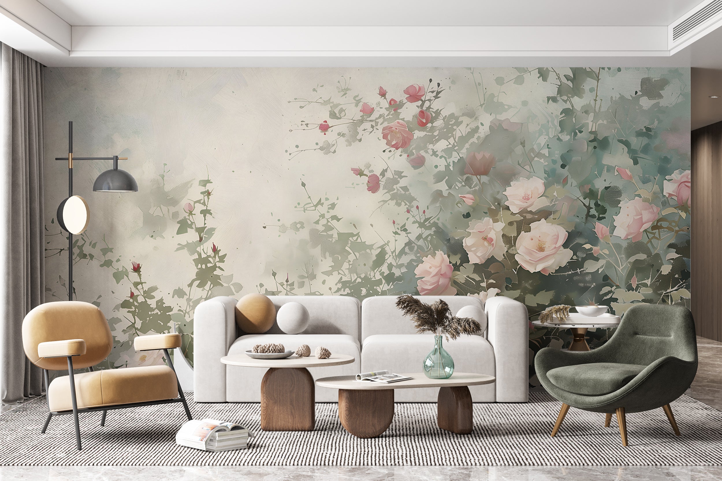 Watercolor Wild Roses Wallpaper, Peel and Stick Flower Bush Mural, Soft Green Botanical Wallpaper, Removable Floral Wall Art