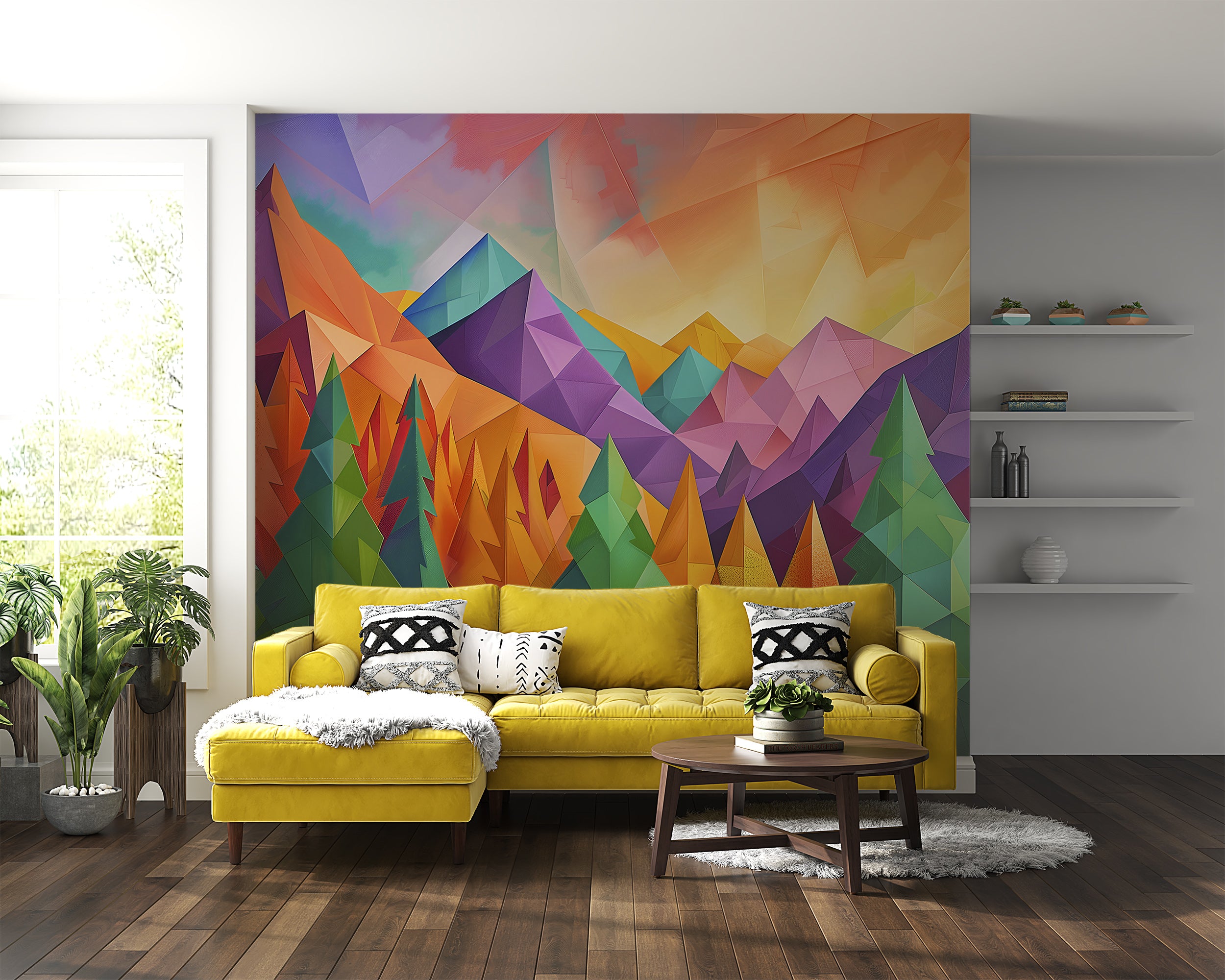 Colorful Mountains and Forest Landscape Mural, Peel and Stick Nature in Cubism Style Mural, Abstract Pine Trees Mural, Geometric Shapes Art