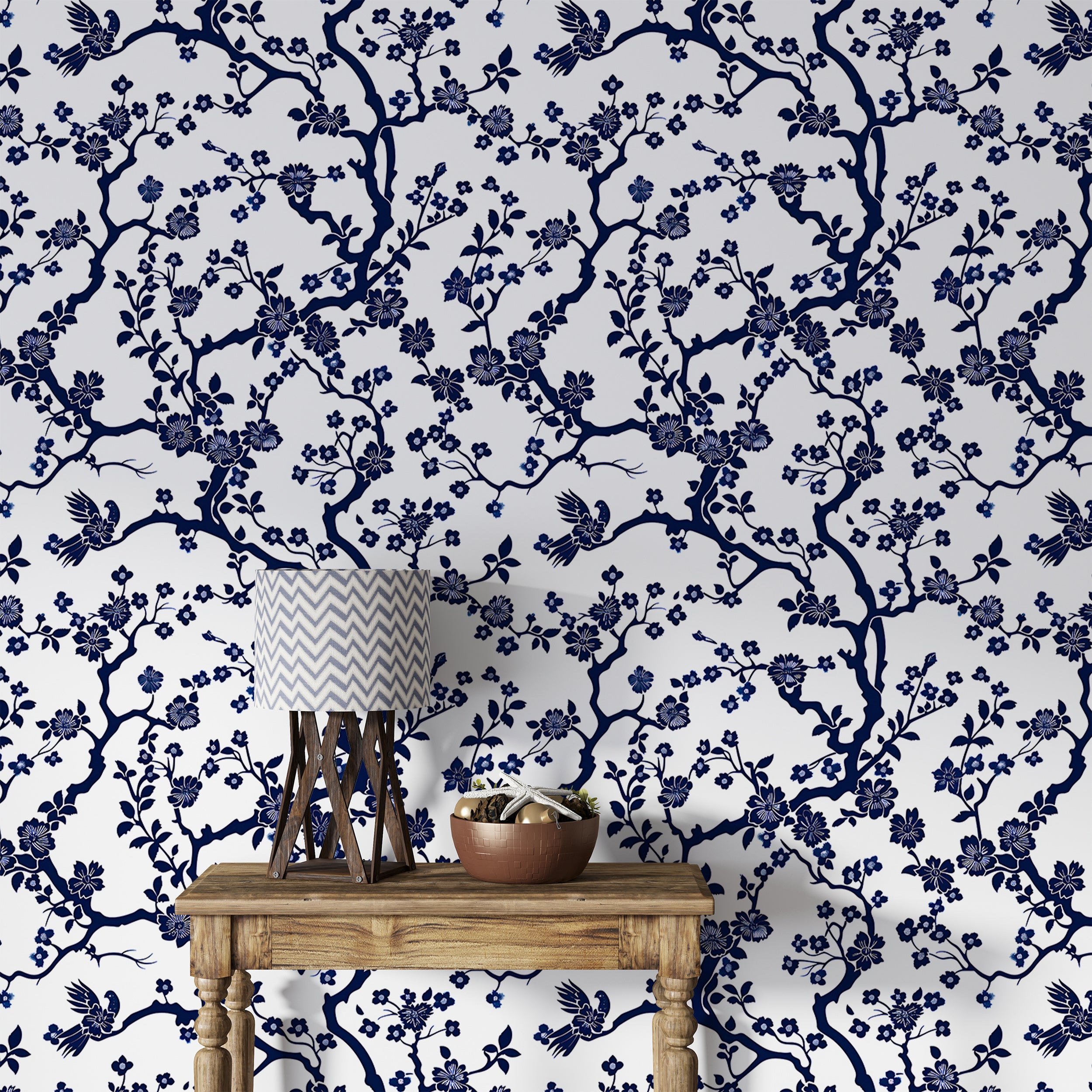 Blue and White Floral Wallpaper, Peel and Stick French Style Botanical Decor, Small Flowers and Branches Wallpaper, Removable Blue Floral