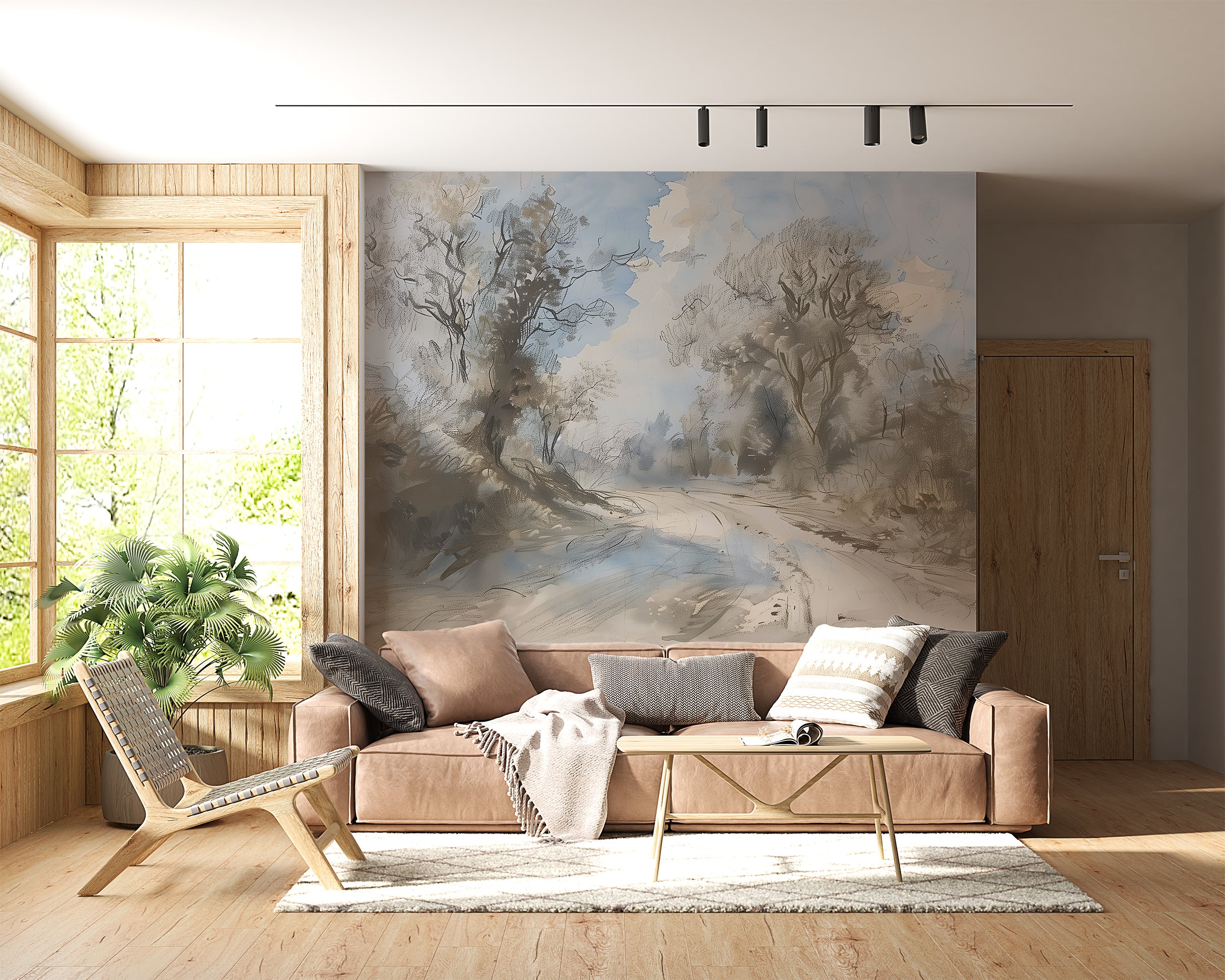 Scenic Vintage Landscape Wallpaper, Peel and Stick Pastel Colors Road and Trees Mural, Old Style Classic Countryside Mural, Removable Nature