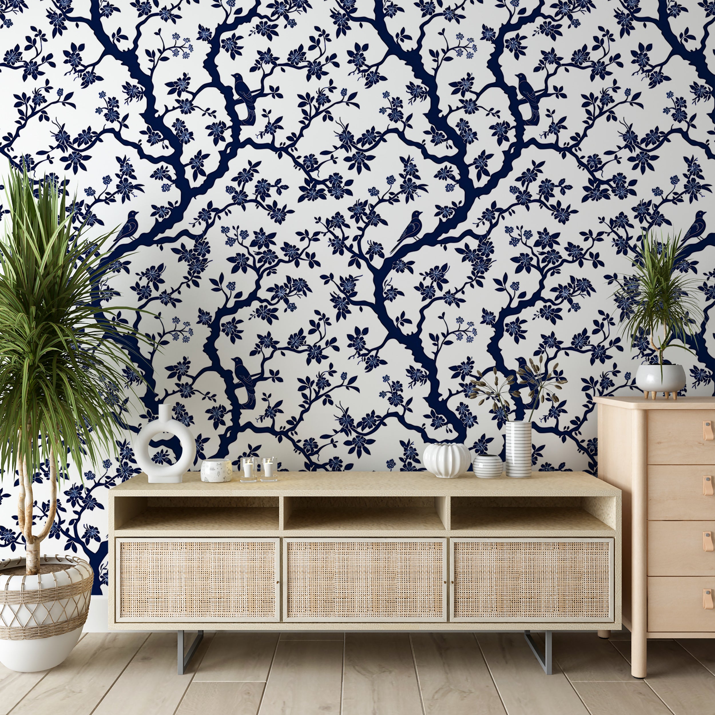 Blue and White Chinoiserie Wallpaper, French Style Floral Wall Decor, Peel and Stick Blue Botanical Wallpaper, Removable Flowers & Birds