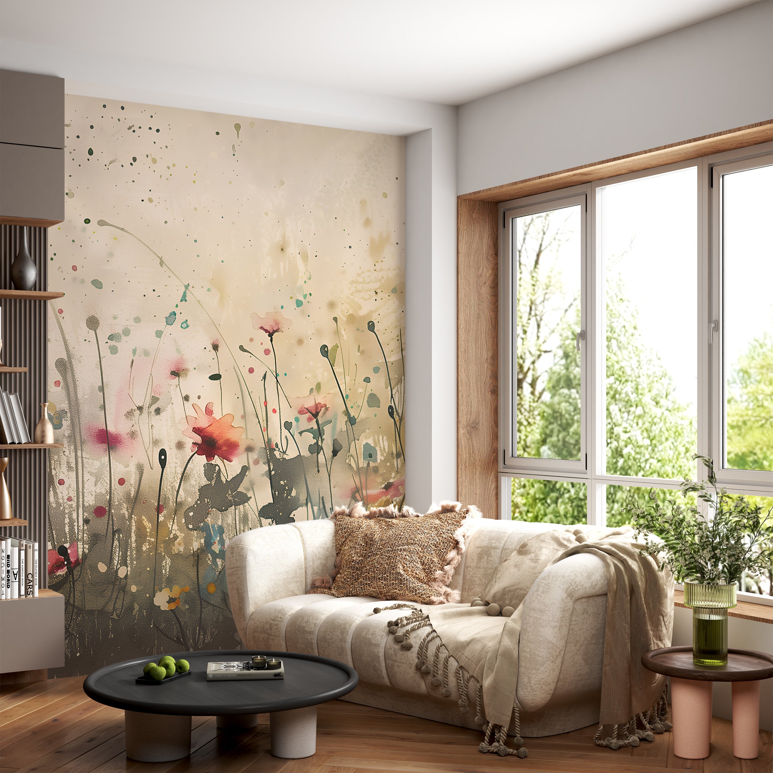 Abstract Watercolor Flower Field Mural, Peel and Stick Meadow Flowers Wallpaper, Removable Wild Floral Wall Decor, Beige Botanical Mural