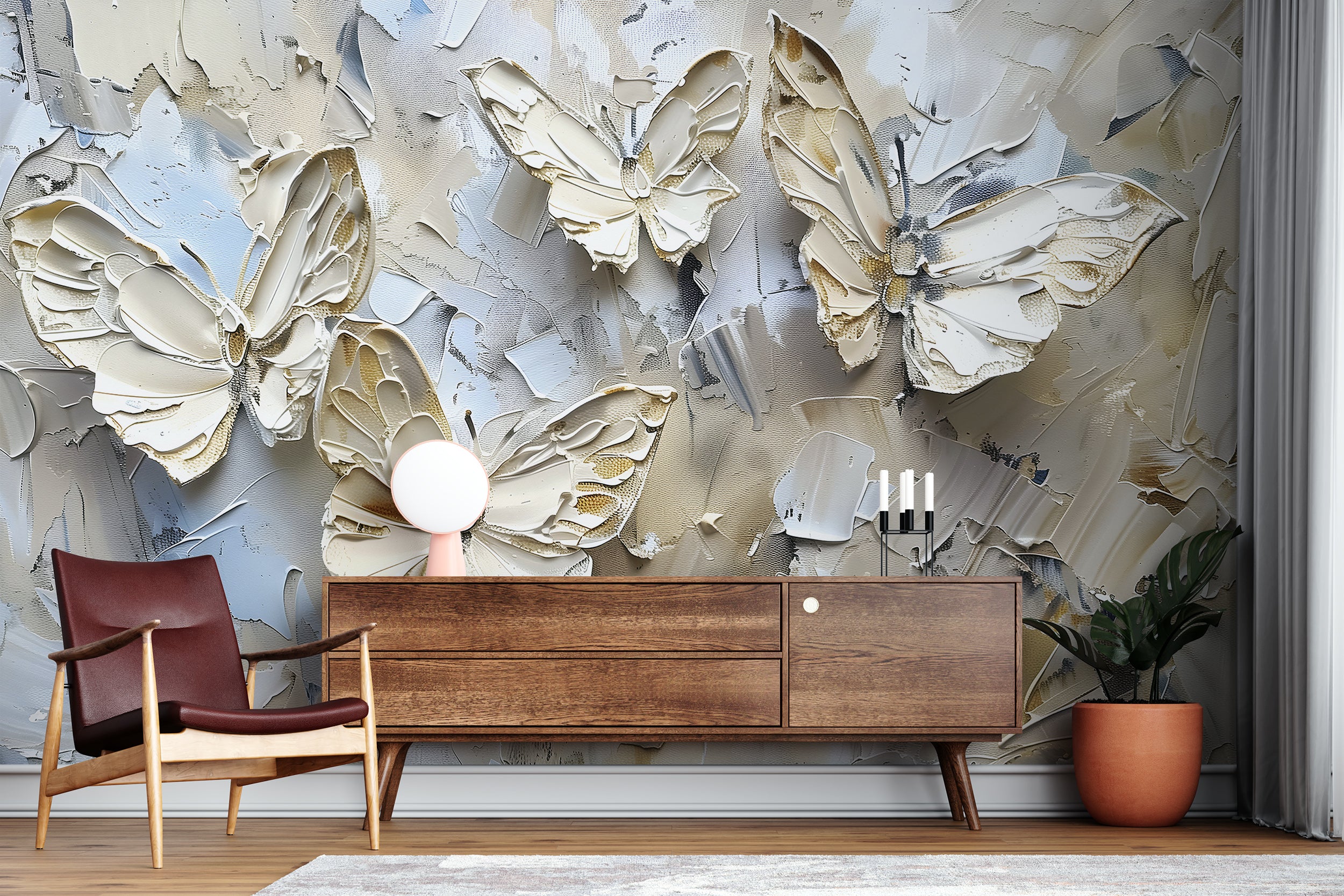 Abstract Butterflies Wall Mural, Peel and Stick Butterflies Palette Knife Oil Painting Wall Art, Removable Beige 3D Nature Wallpaper