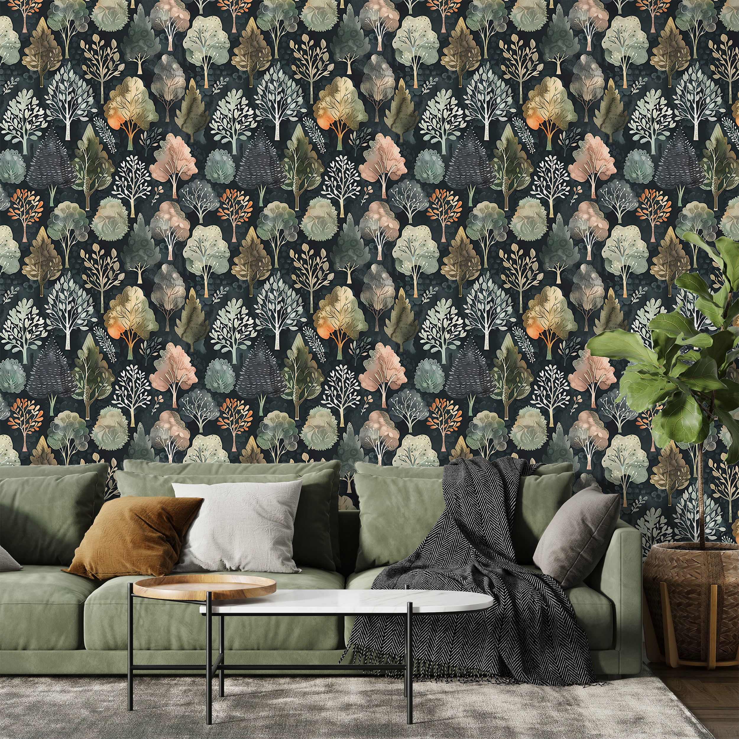 Pine trees wallpaper peel and stick Removable dark green botanical wallpaper