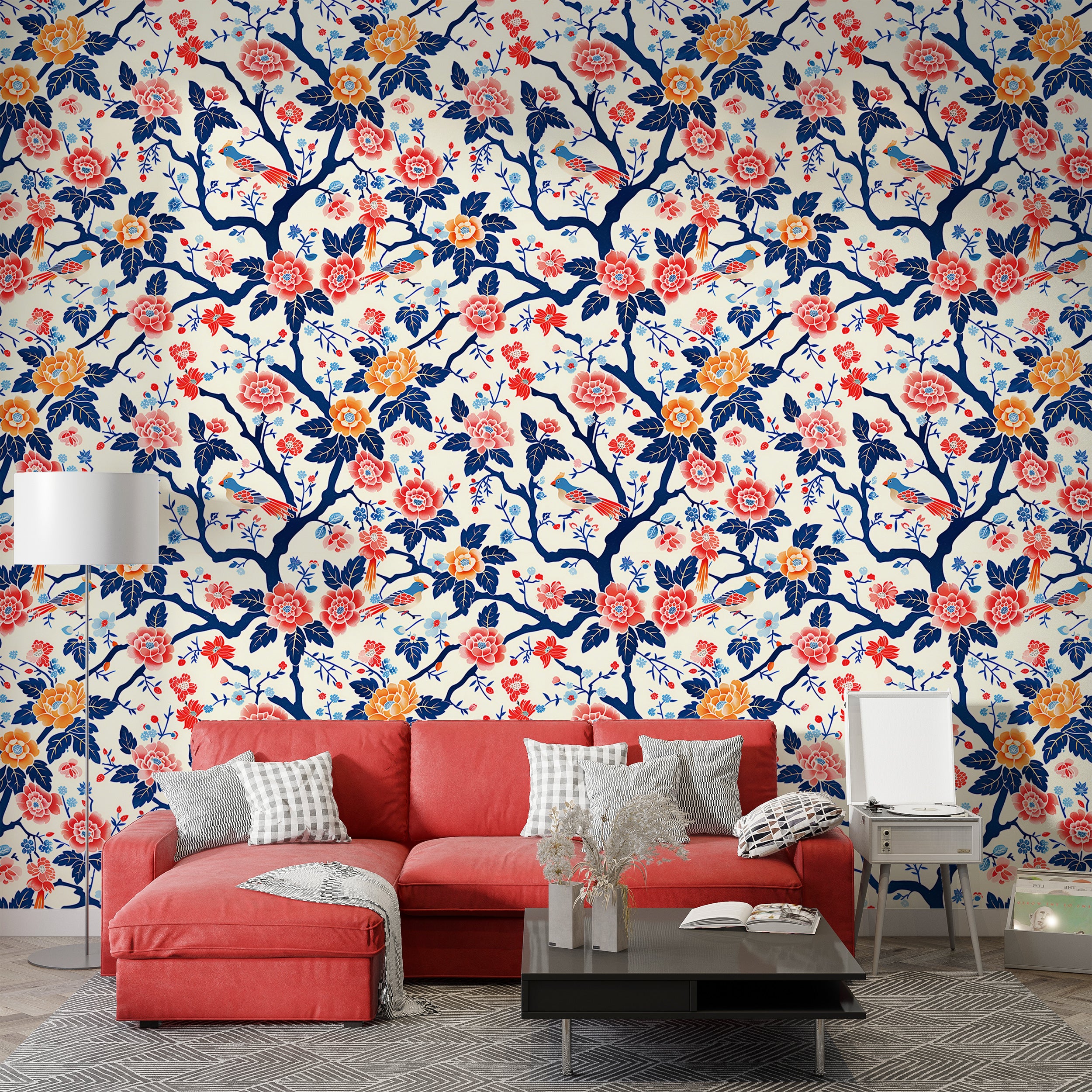 White chinoiserie floral wall decor Colorful botanical art wallpaper