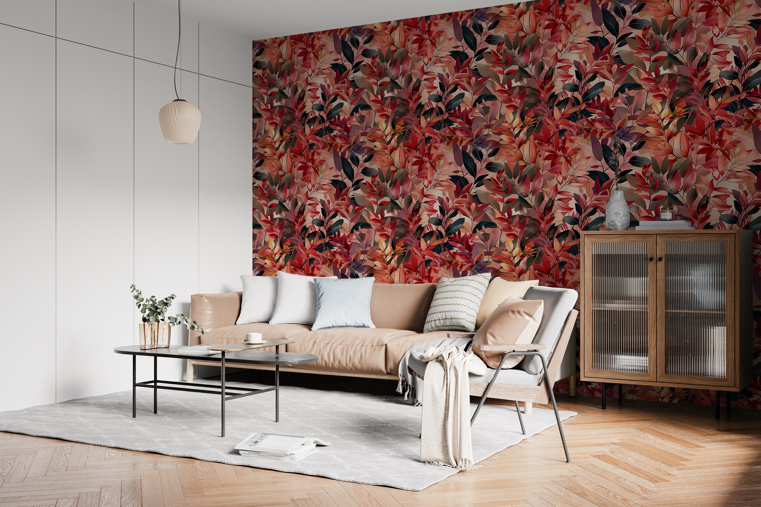 Red Botanical Wallpaper, Dark Red and Black Leaves Wallpaper, Colorful Peel and Stick Leaf Wall Decor, Autumn Tree Leaves Wallpaper