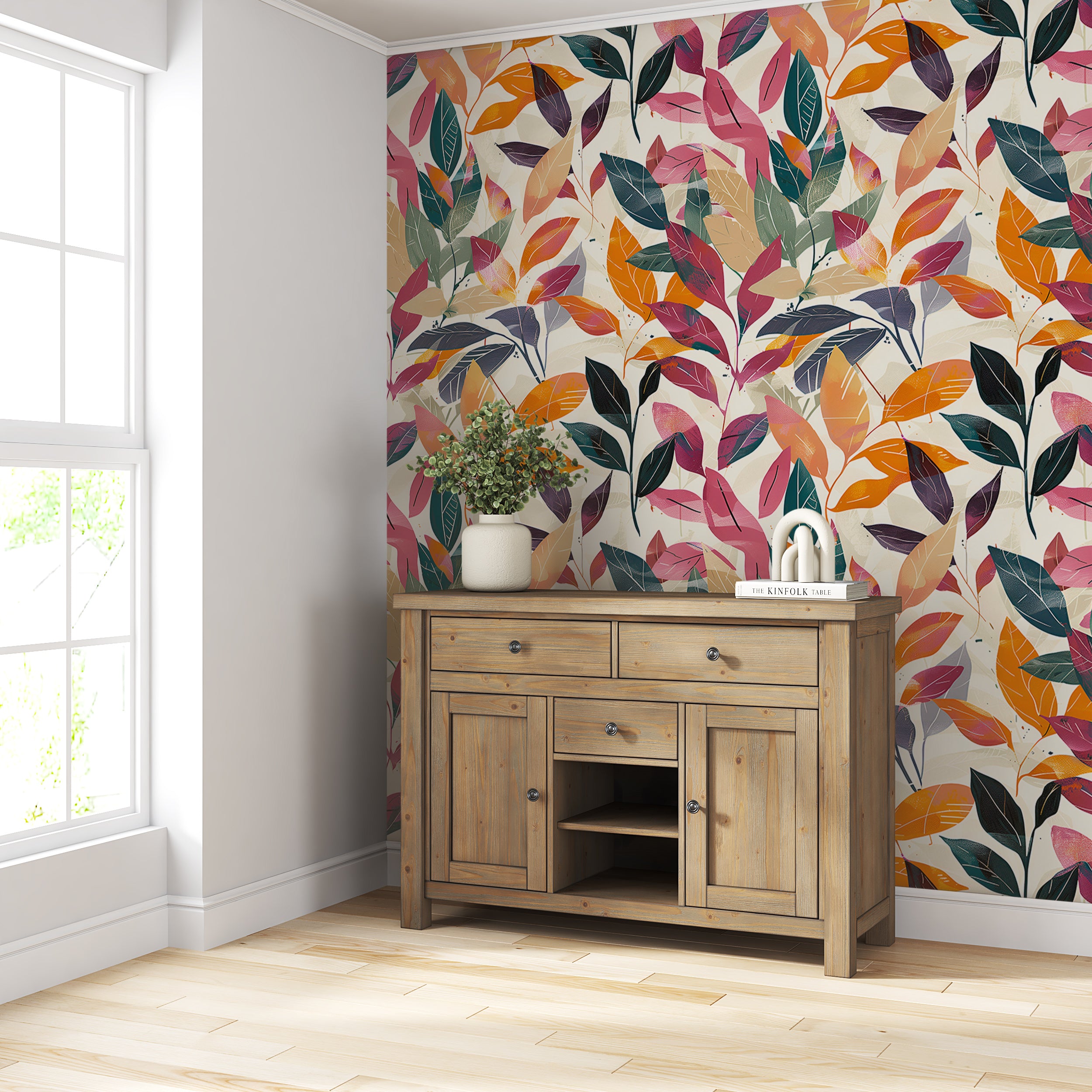 Autumn Leaves Wallpaper, Peel and Stick Colorful Leaf Wallpaper, Removable Red and Orange Botanical Wall Decor