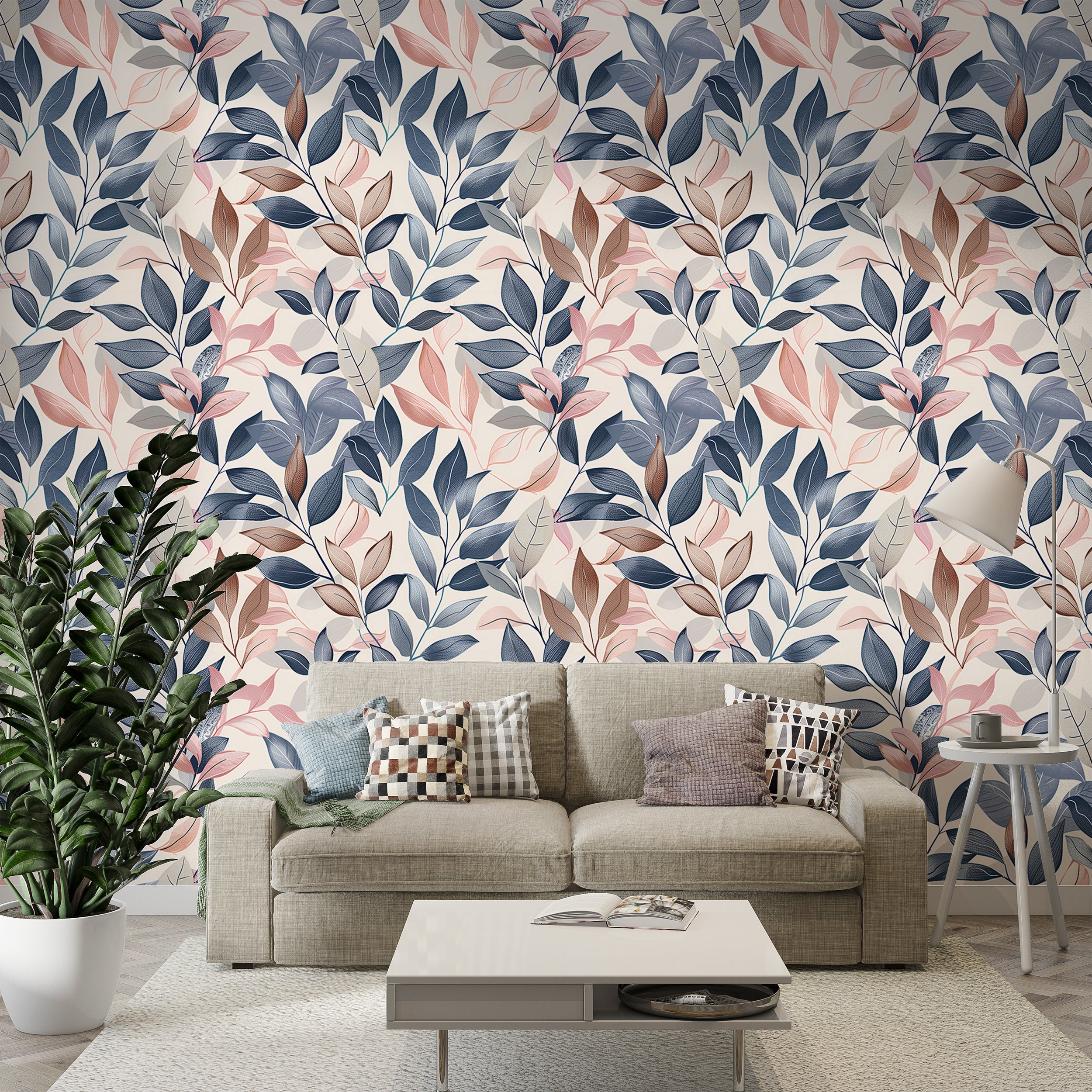 Blue and Pink Leaves Wallpaper, Peel and Stick Pastel Colors Botanical Wallpaper, Soft Leaf Wall Decorv