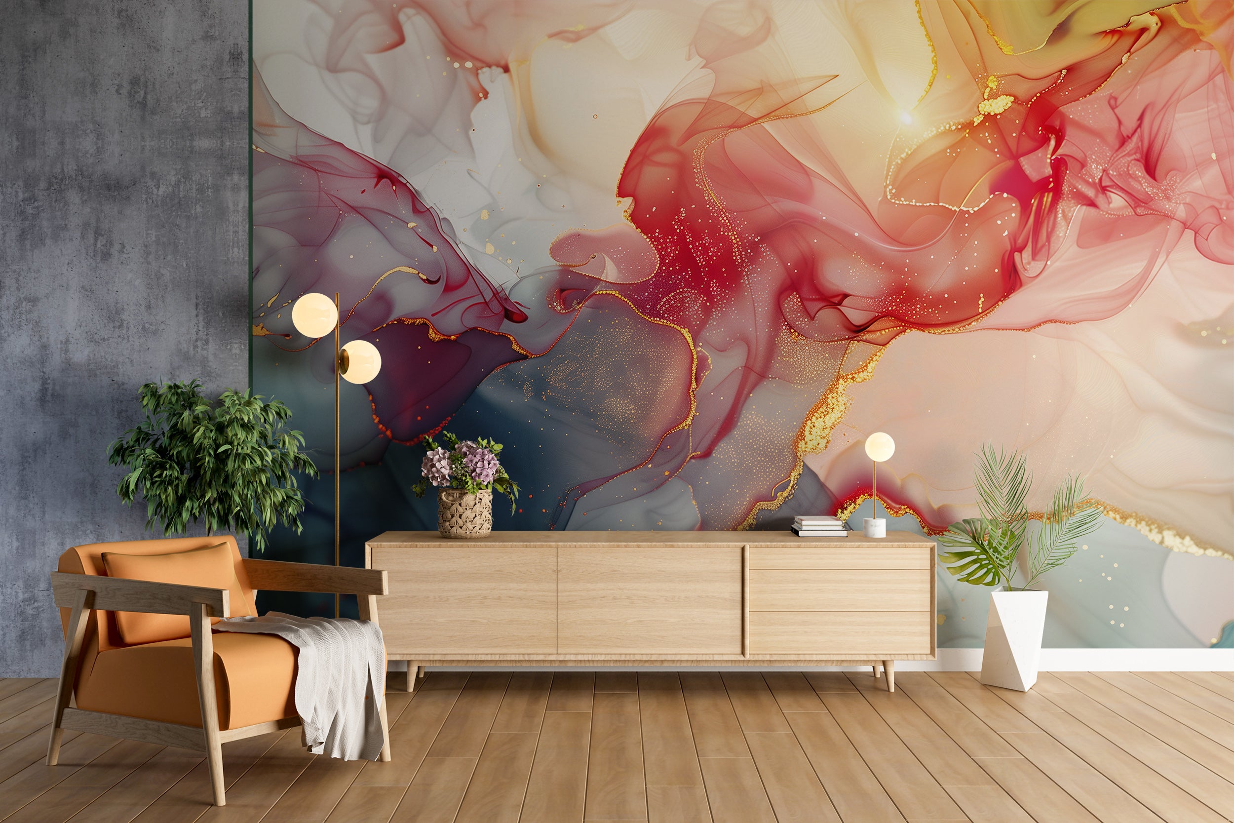 Colorful Alcohol Ink Wall Mural, Peel & Stick Abstract Wallpaper, Multi Color Liquid Surface Wallpaper, Removable Accent Red Blue Yellow Art