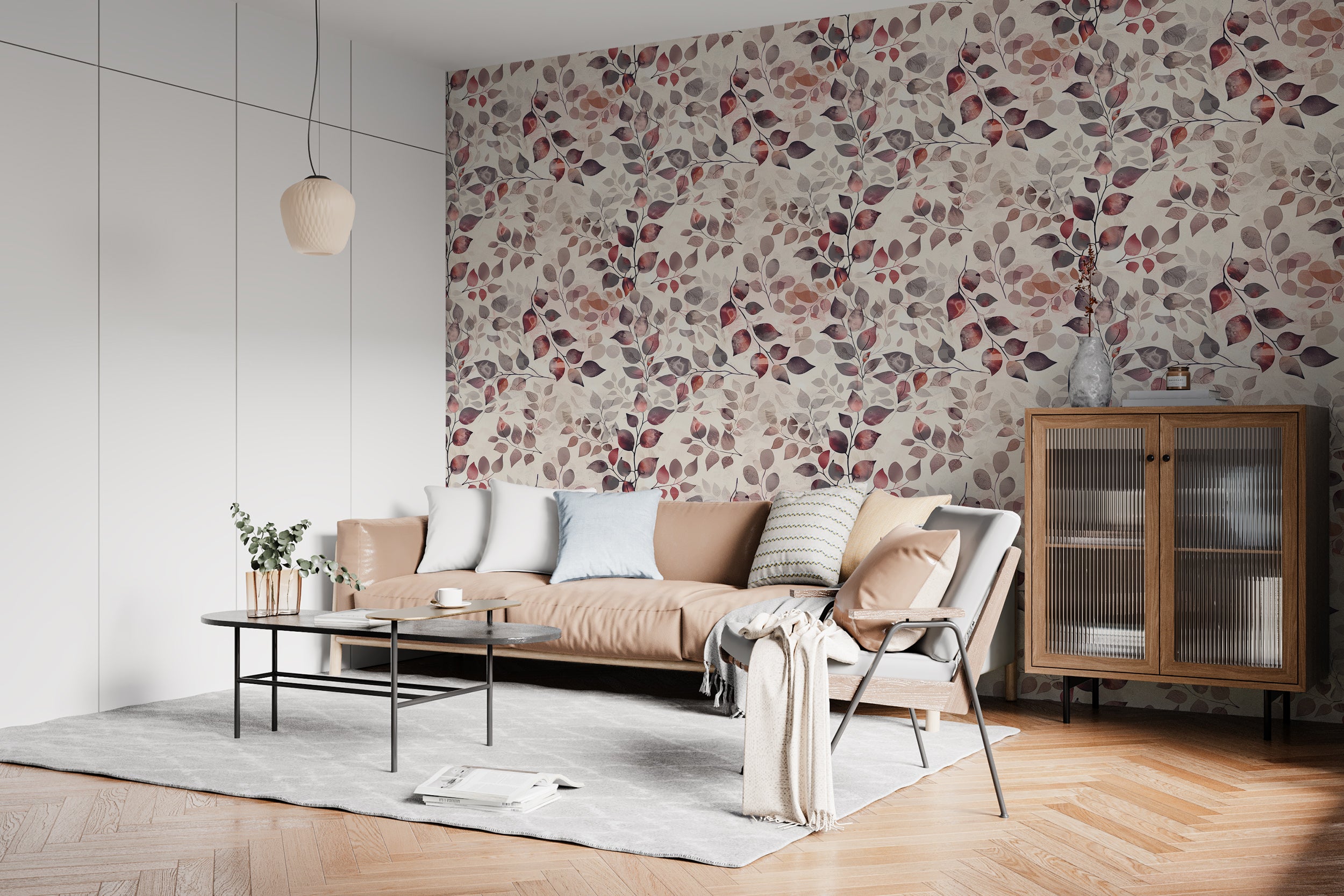 Pastel Red Leaves Wallpaper, Peel and Stick Removable Autumn Wall Decor, Soft Red Botanical Wallpaper, Watercolor Floral Wall Art