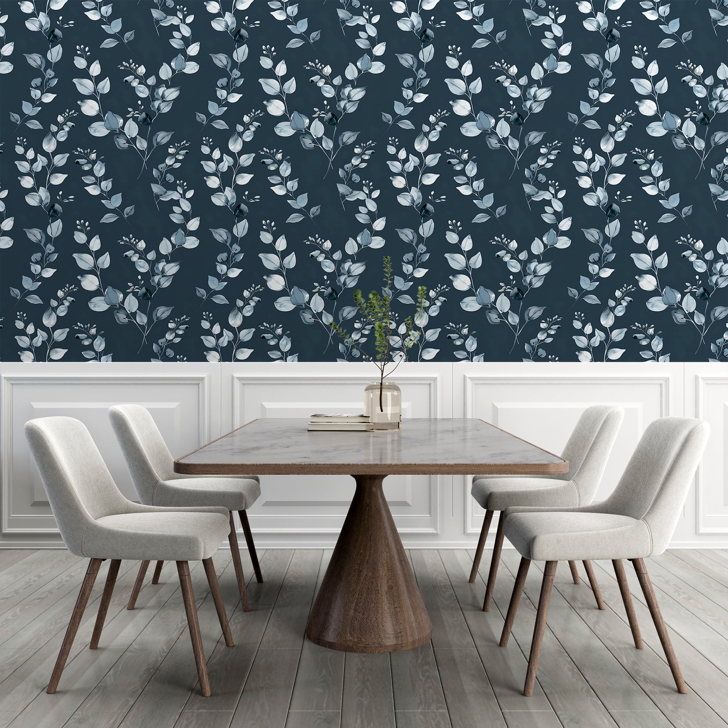 Dark Blue Botanical Wallpaper, Watercolor Grey Leaves Wallpaper, Peel and Stick Silver and Blue Wall Decor, Minimalistic Blue Leaf Pattern