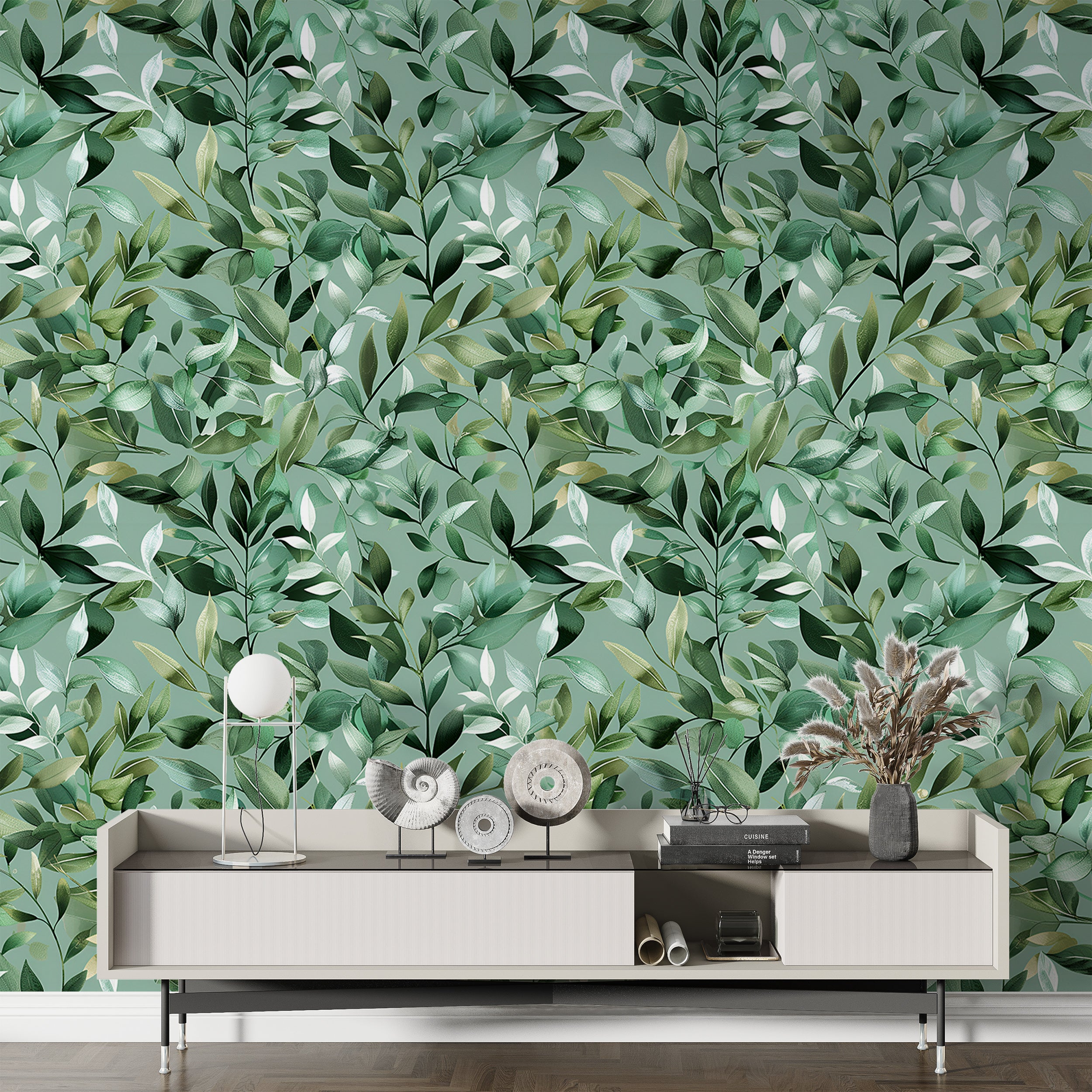 Greenery Wallpaper, Peel and Stick or Pre-pasted Green Botanical Wallpaper, Leaves and Branches Wall Decor, Removable Nature Wall Art