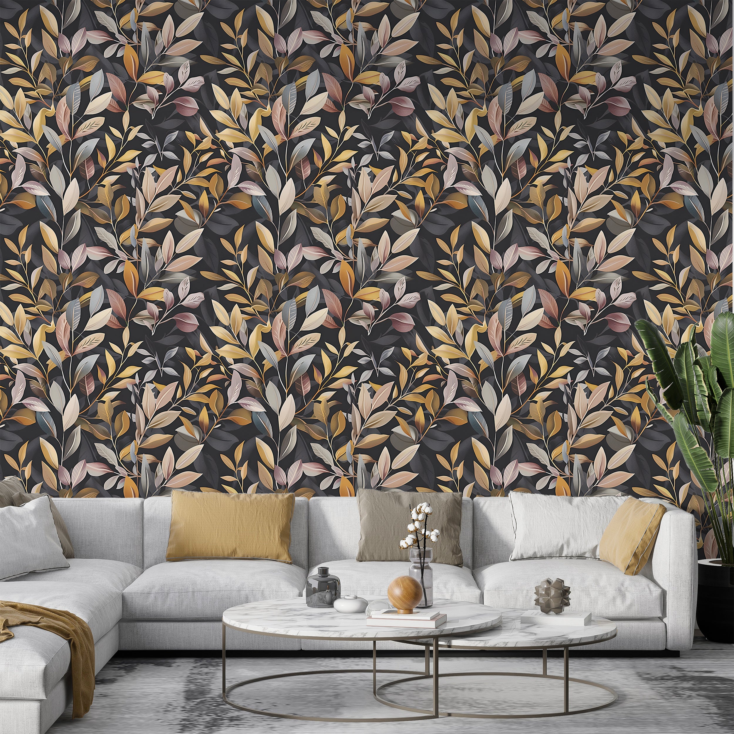 Golden and Silver Leaves Wallpaper, Peel and Stick Dark Grey Botanical Wallpaper, Removable Accent Wall Abstract Botanical Wall Decor
