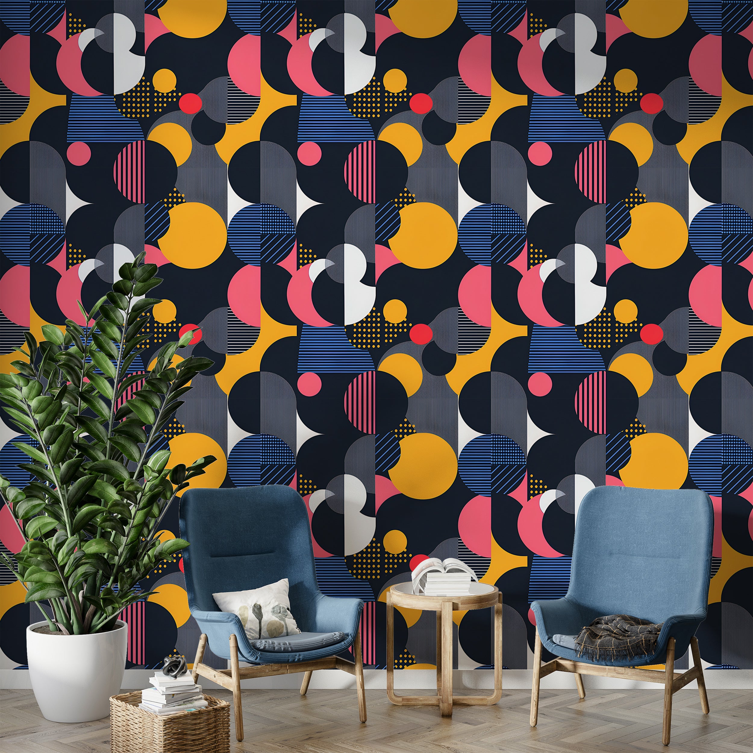 Abstract Geometric Wallpaper, Colorful Abstract Shaped Wallpaper, Peel and Stick Removable Dark Circles Wall Decor