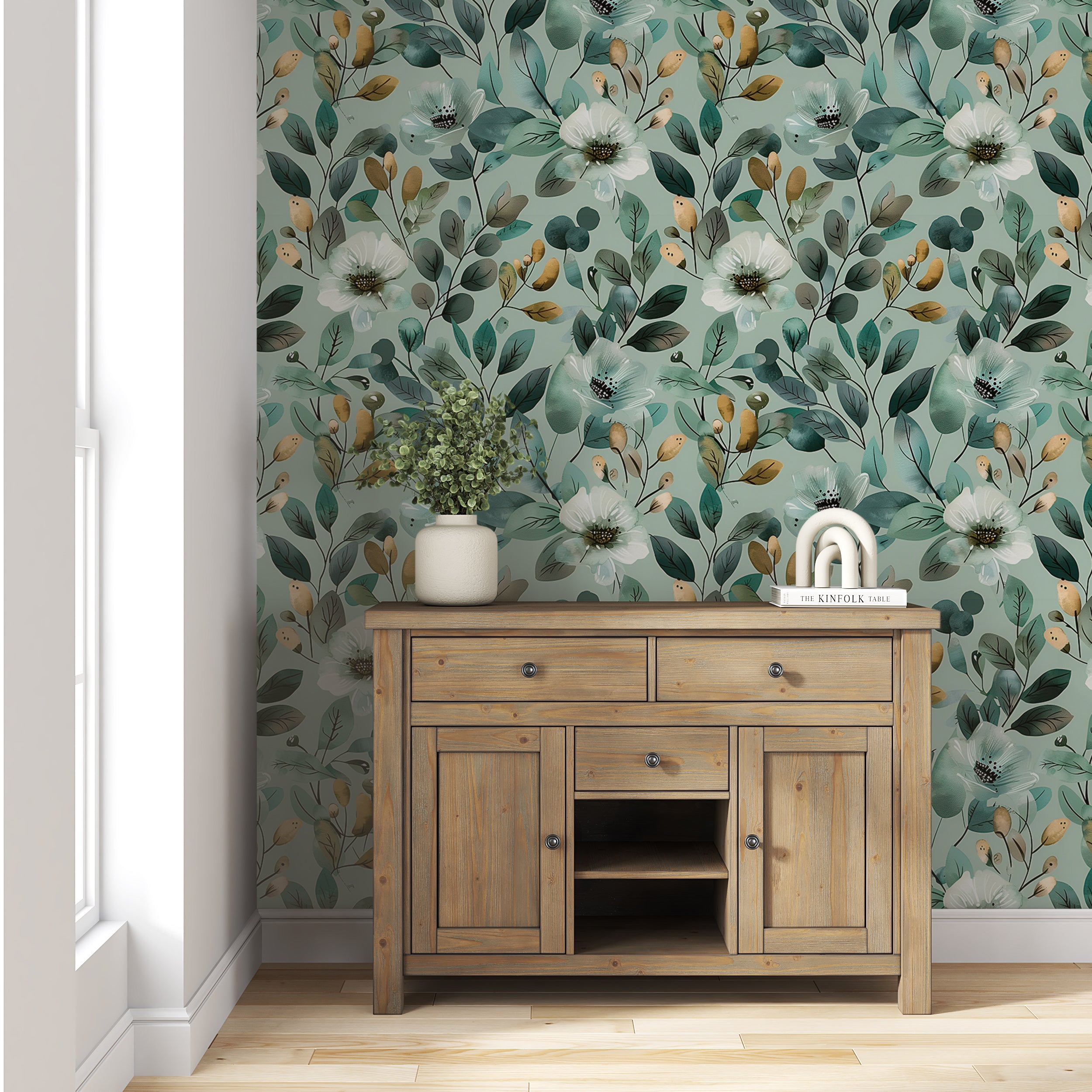 Soft Green Botanical Wallpaper, Peel and Stick Green Leaves Pattern Wall Decor, White Flowers Wallpaper, Removable Greenery, Nature Art