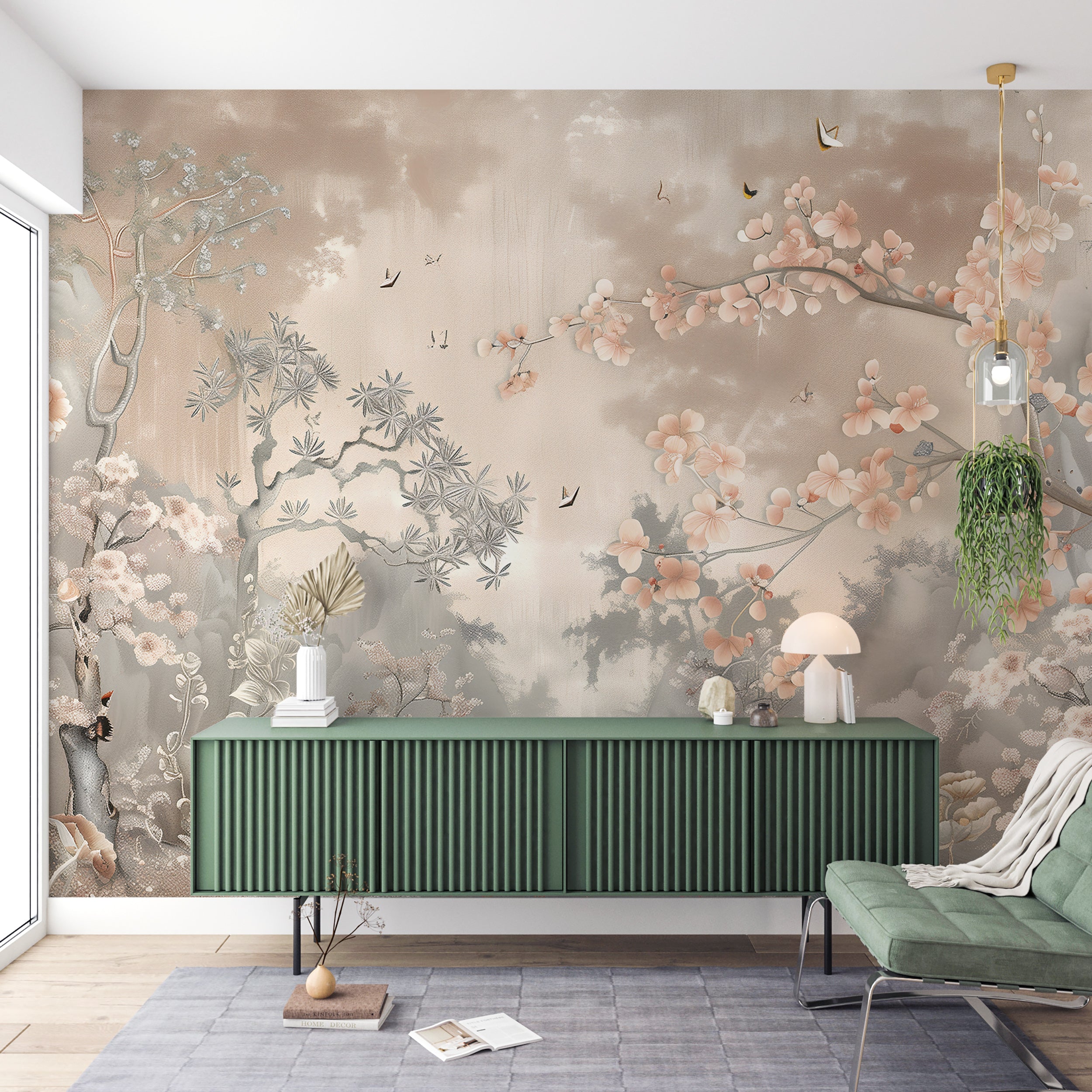 Dusty Rose Chinoiserie Wall Mural, Soft Pink Japanese Forest Mural, Peel and Stick Sakura Tree Wallpaper, Blossom Forest Wall Decor