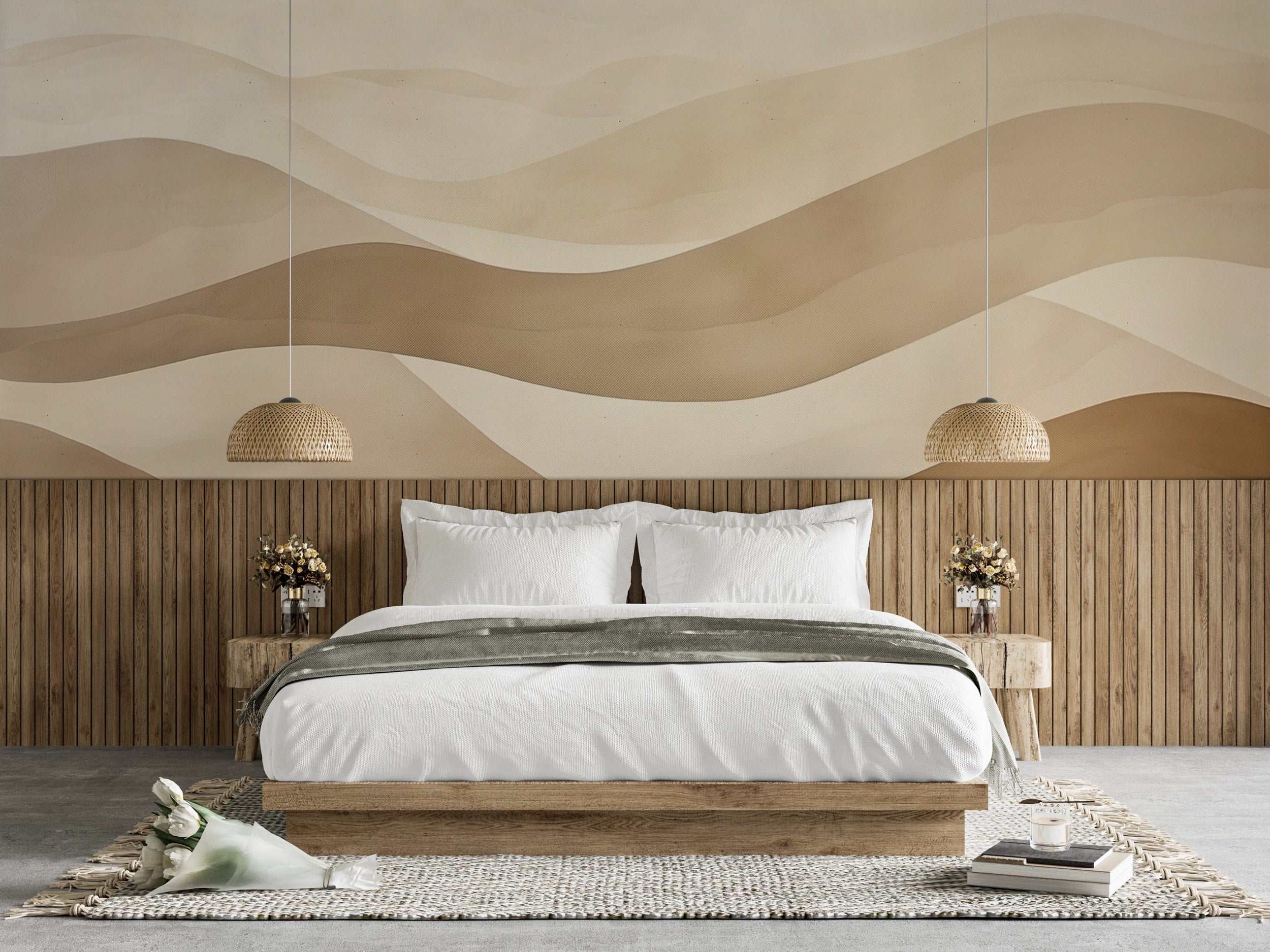 Beige Boho Wavy Wall Mural, Peel and Stick Minimalist Geometric Wallpaper, Line Wall Mural, Beige Abstract Sand Dunes Mural