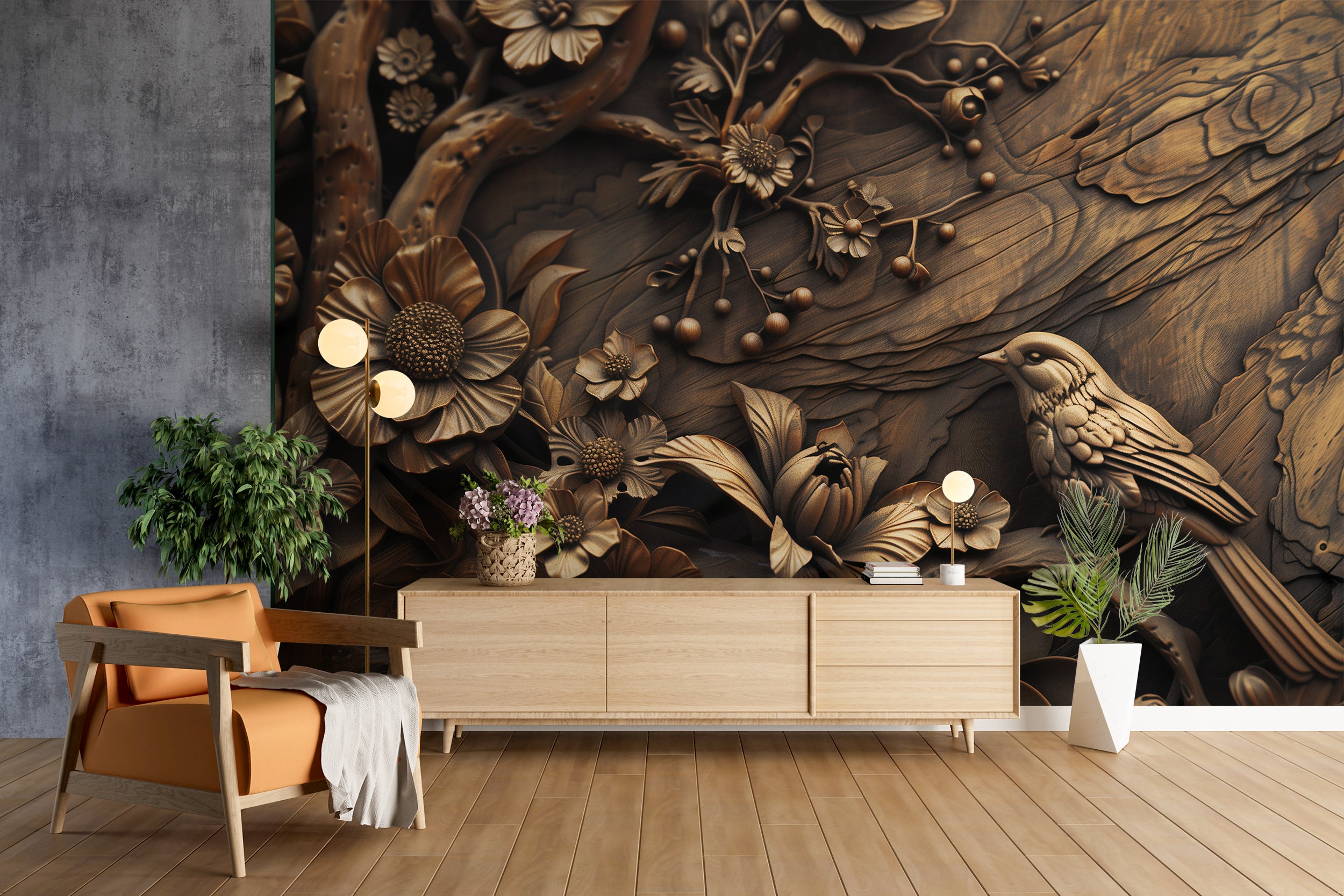 Wood Carving Style Wall Mural, Peel and Stick Wooden Look Wallpaper, Dark Brown Chinoiserie Wall Art, Bird and Flowers Removable Decor