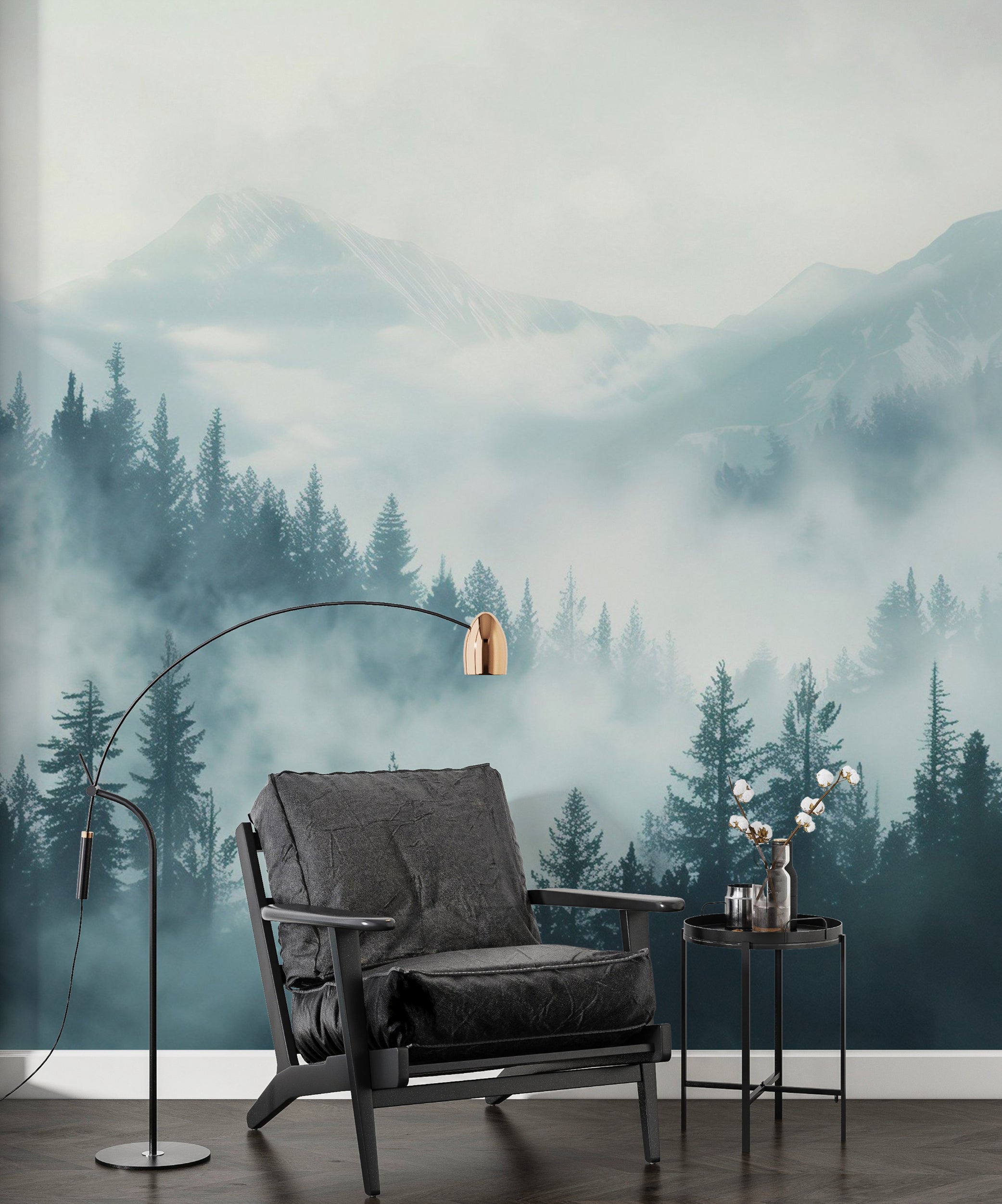 Watercolor Blue Forest and Mountains Mural, Peel and Stick Pine Forest Wallpaper, Soft Blue Nursery Removable Nature Wall Decor