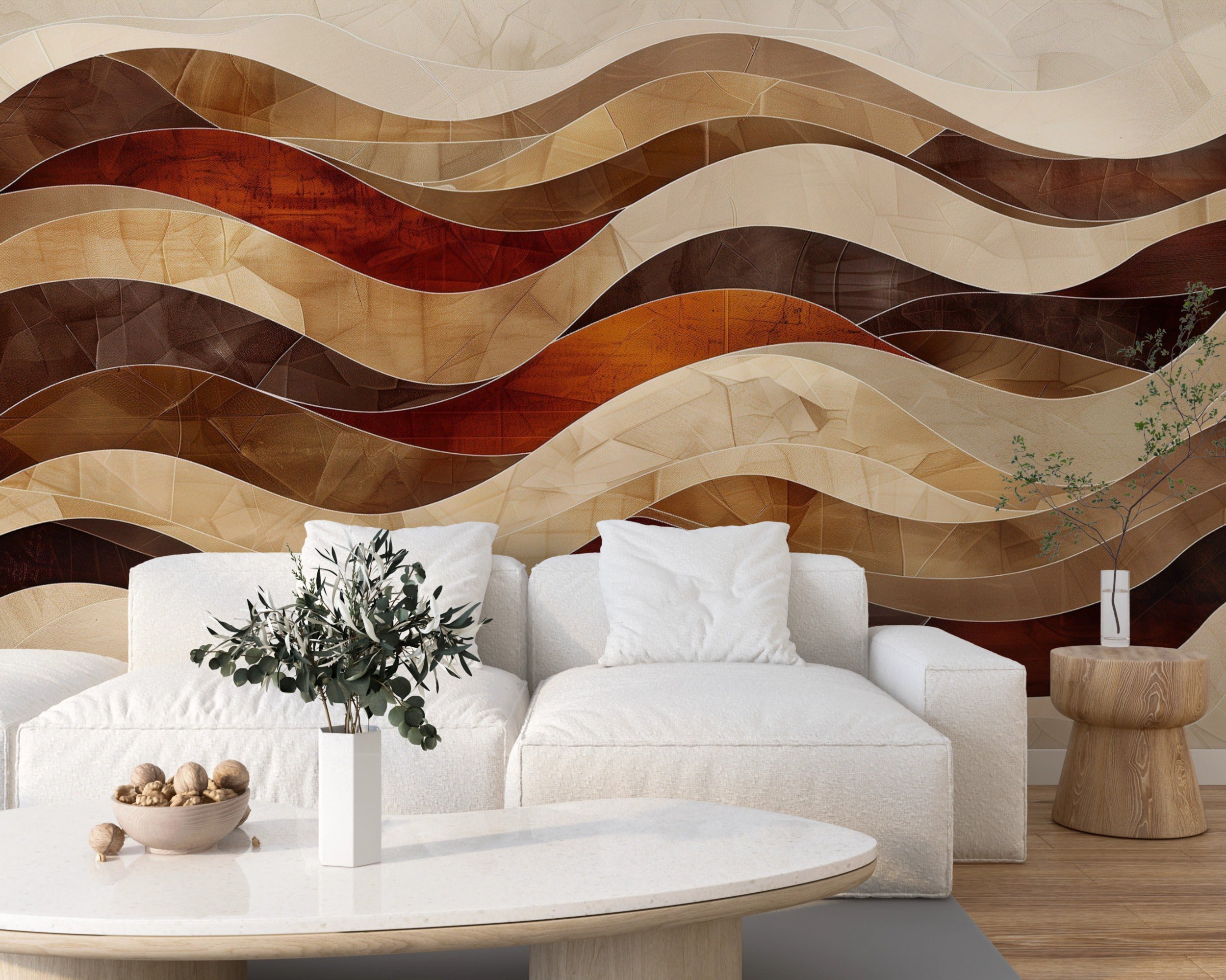 Brown and Beige Boho Wavy Mural, Peel and Stick Geometric Wallpaper, Removable Abstract Wavy Line Art, Modern Wall Decor